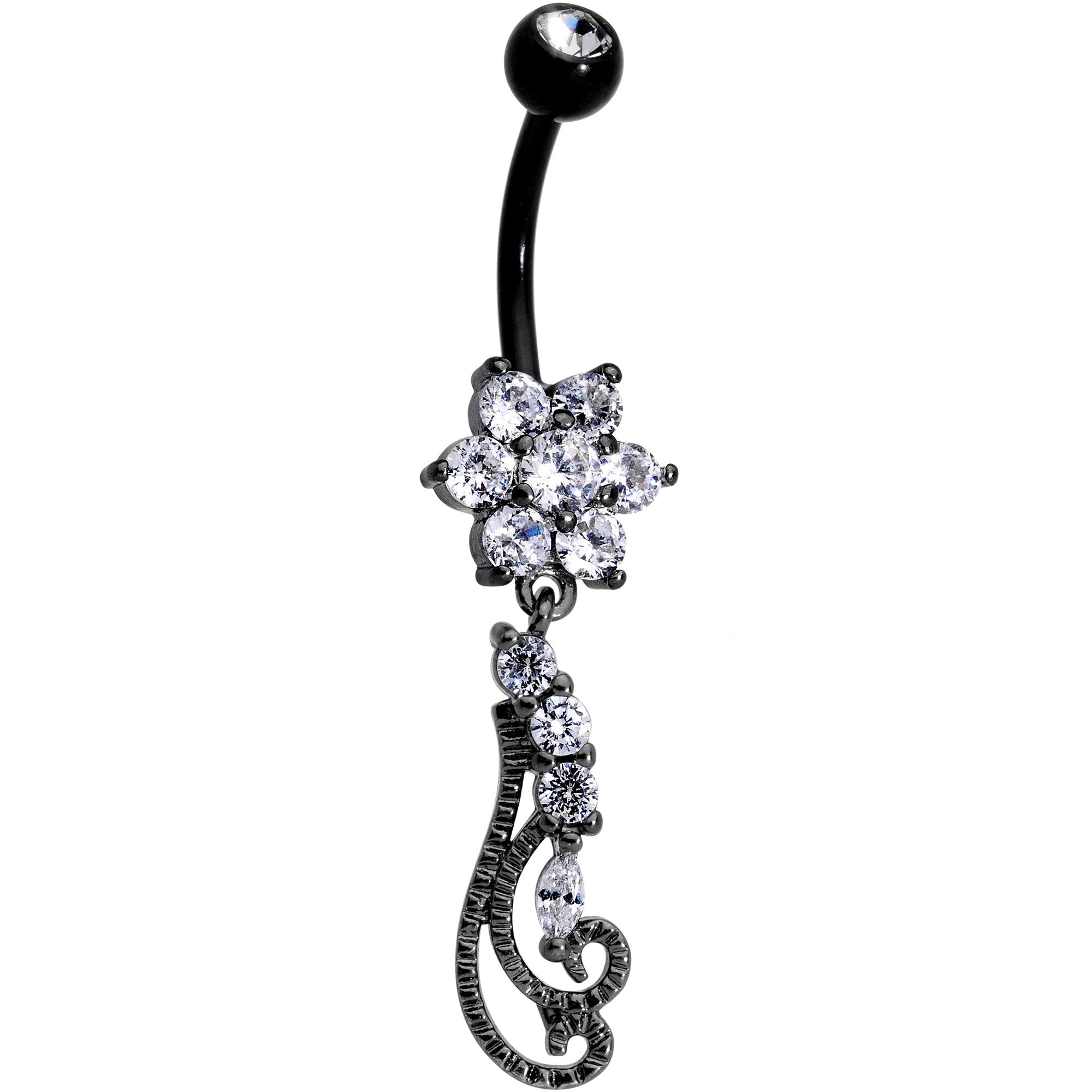 Clear Gem Black Anodized Filigree Flower Swirl Dangle Belly Ring
