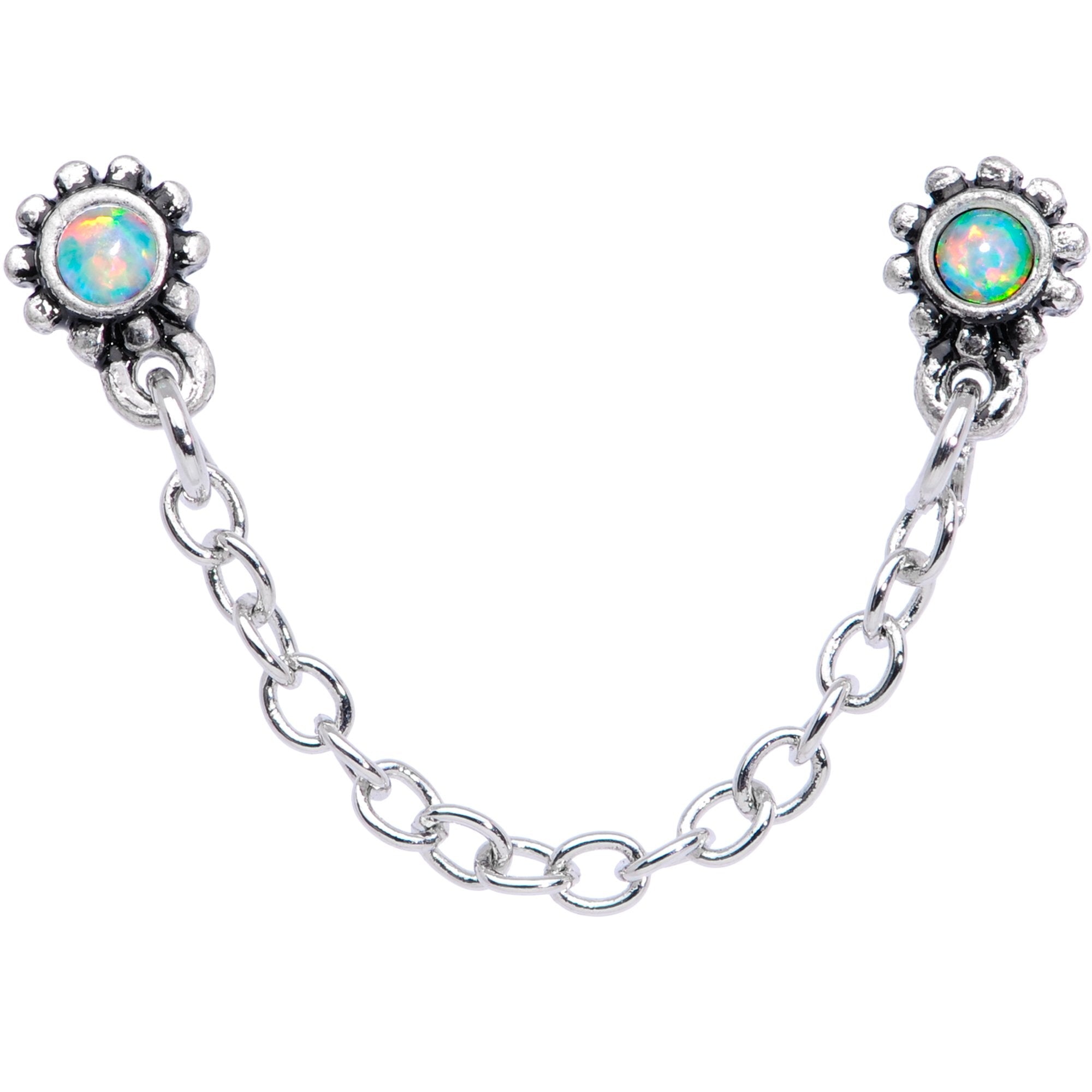 20G 1/4 White Synthetic Opal Chain Dangle Double Nose Bone