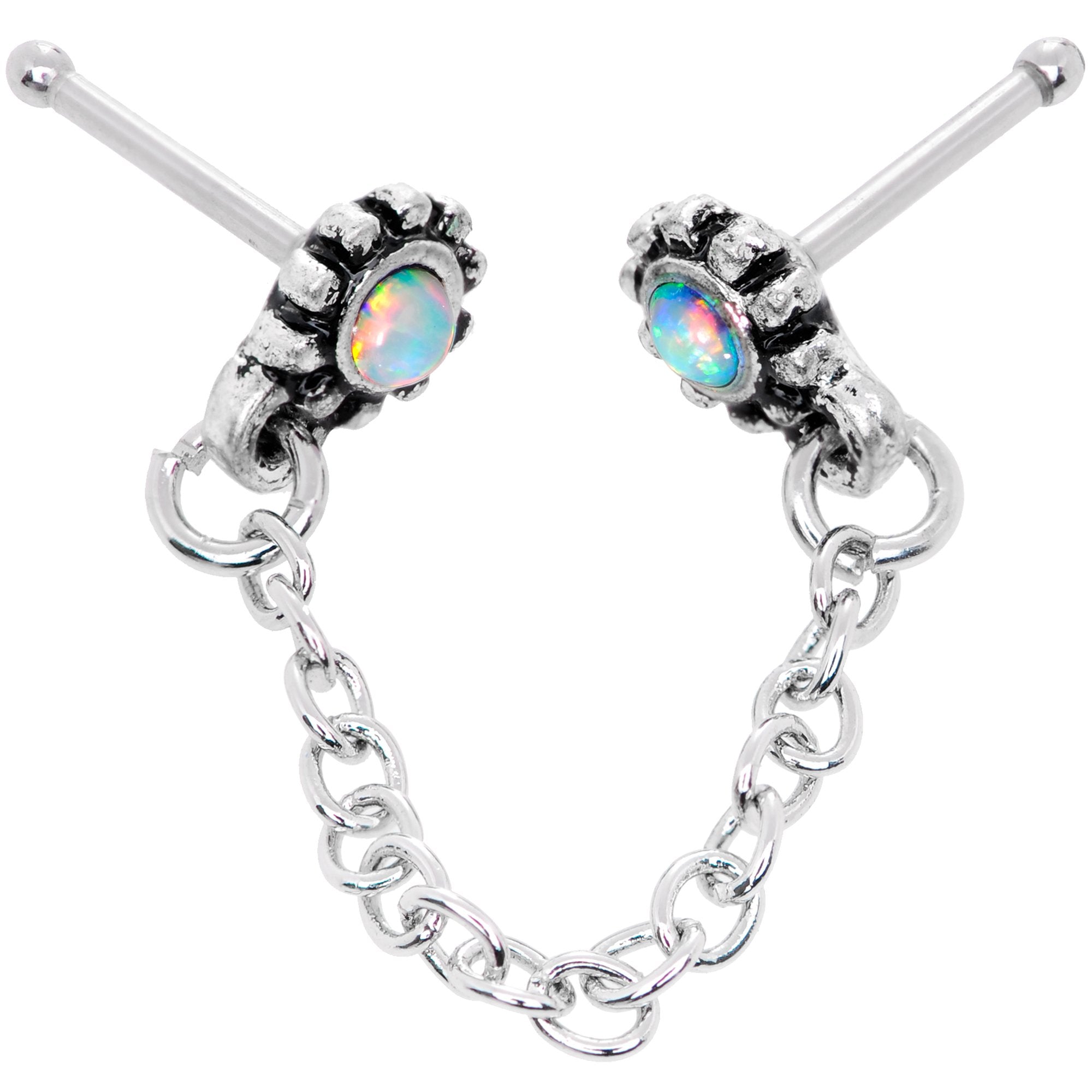 20G 1/4 White Synthetic Opal Chain Dangle Double Nose Bone