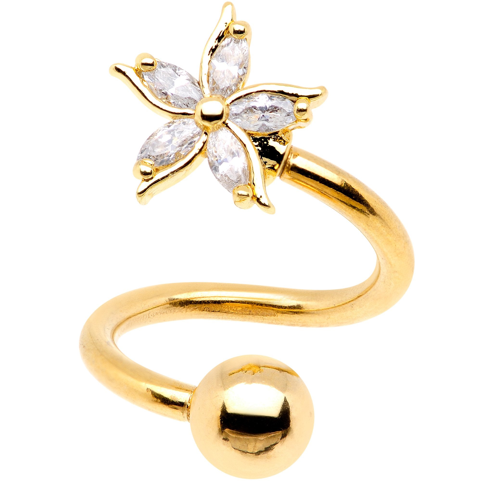 Clear Gem Gold PVD Jasmine Flower Spiral Twister Top Mount Belly Ring
