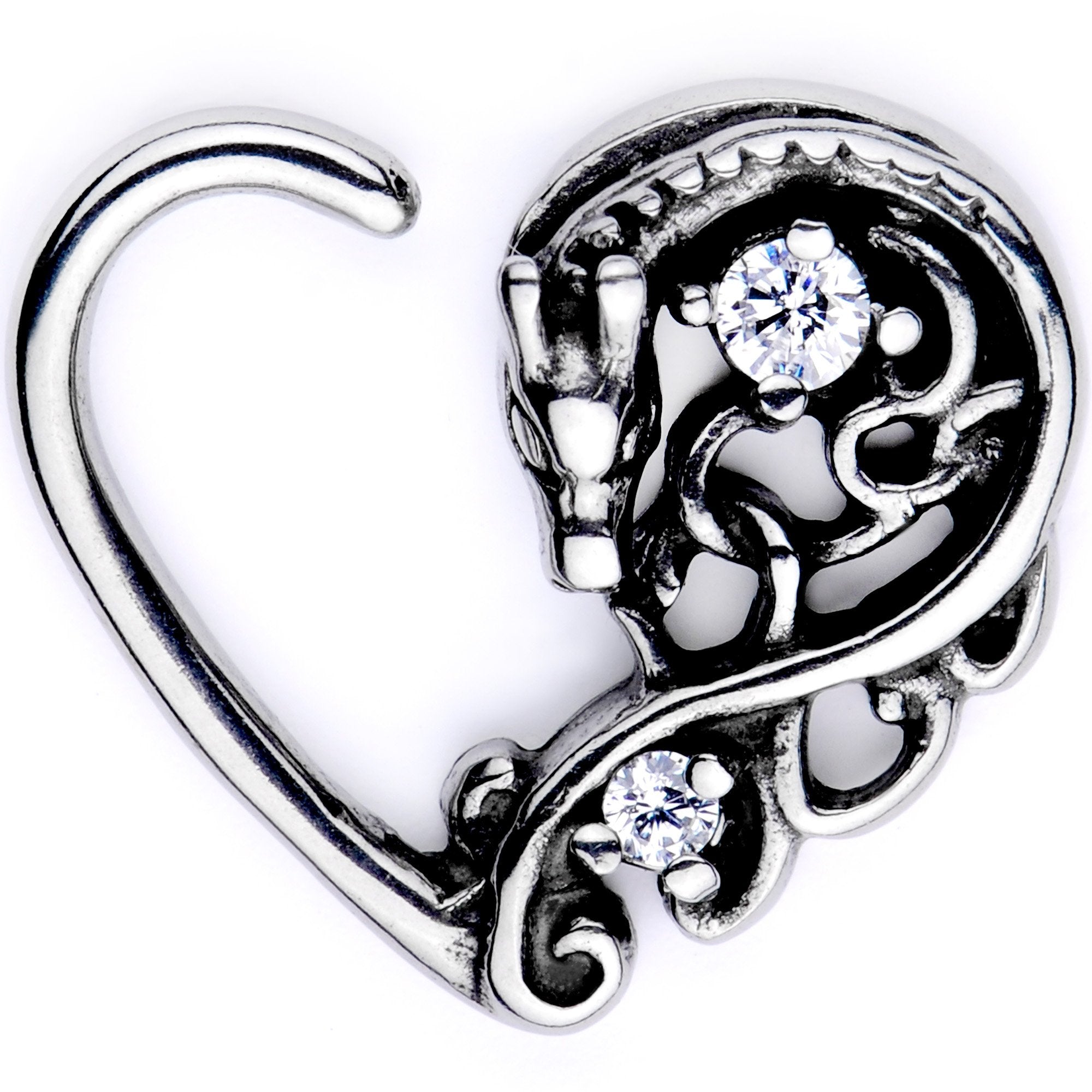 16G 3/8 Clear CZ Gem Dragon Den Left Heart Closure Ring
