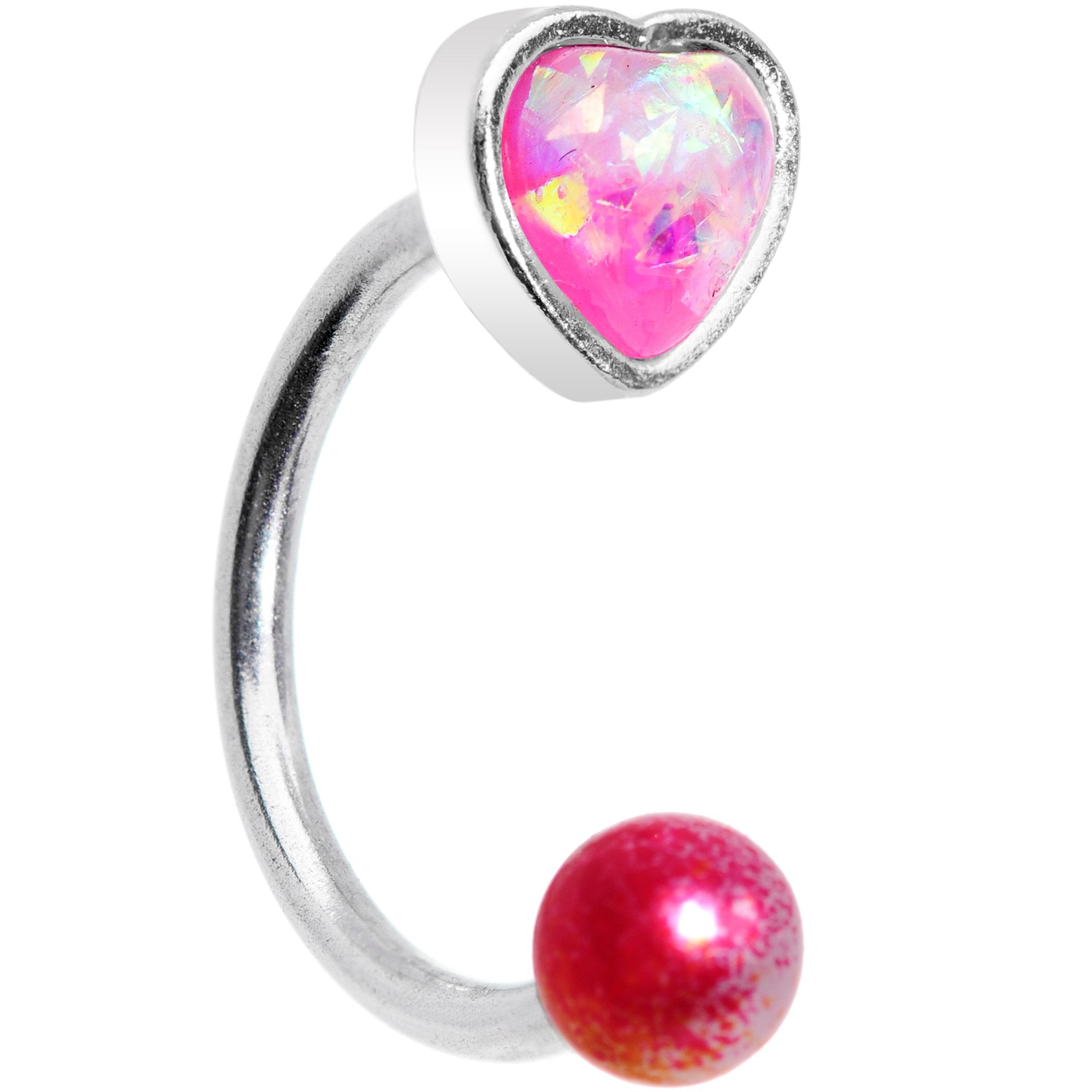 16G 5/16 Pink Faux Opal Heart Pearlescent Horseshoe Barbell