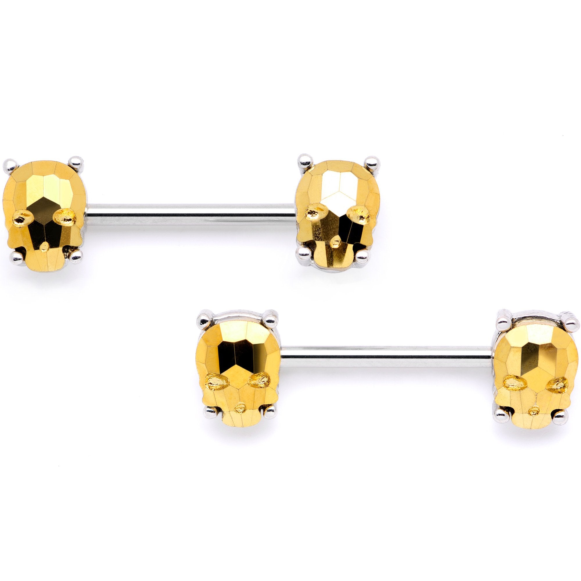 Gold Tone Gem Sugar Skull Mask Barbell Nipple Ring Set