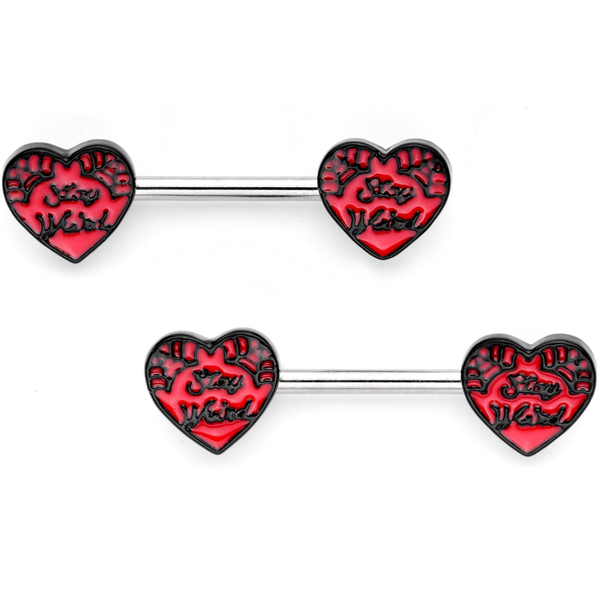 7/16 Stay Weird Red Heart Barbell Nipple Ring Set