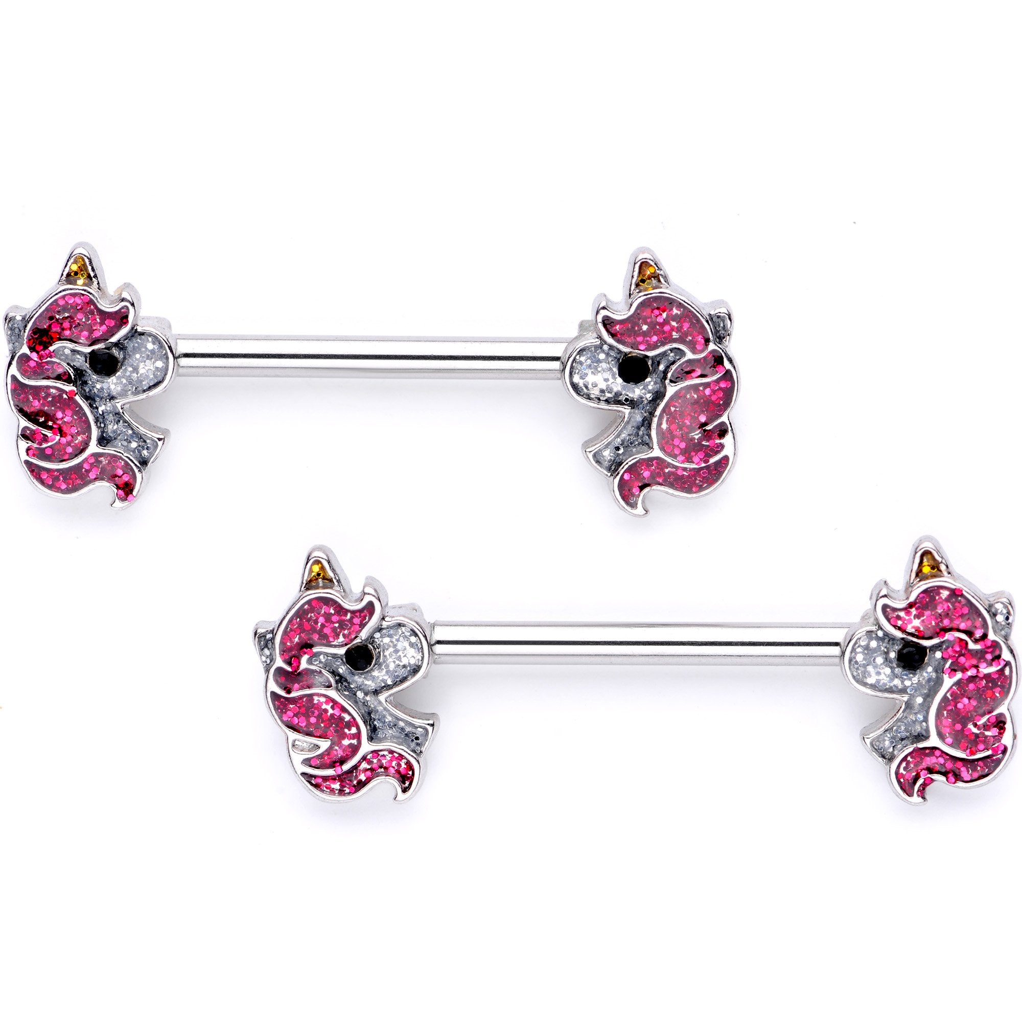 Purple Glitter Cartoon Unicorn Barbell Nipple Ring Set