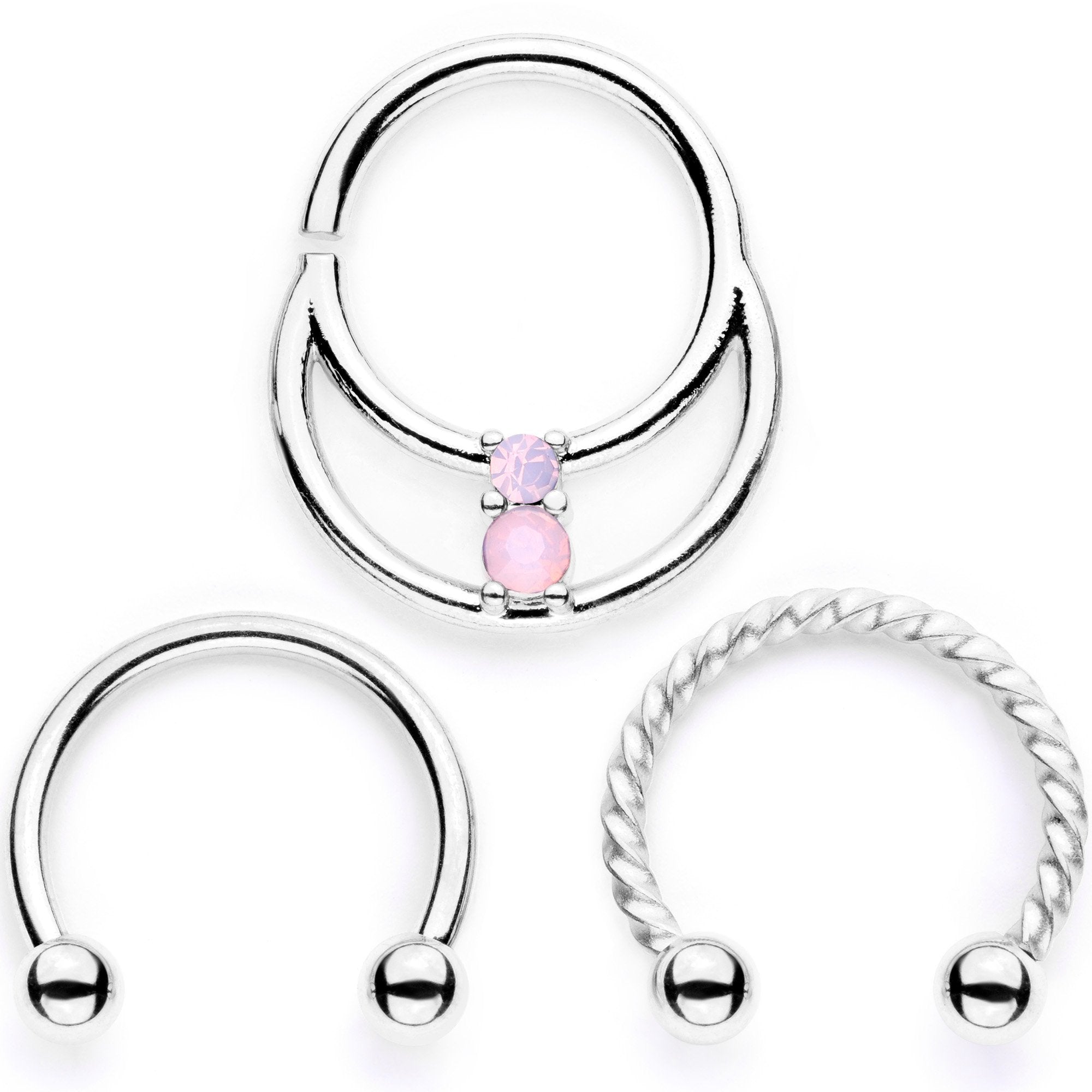 16G 3/8 Pink Faux Opal Twisted Horseshoe Closure Ring Set