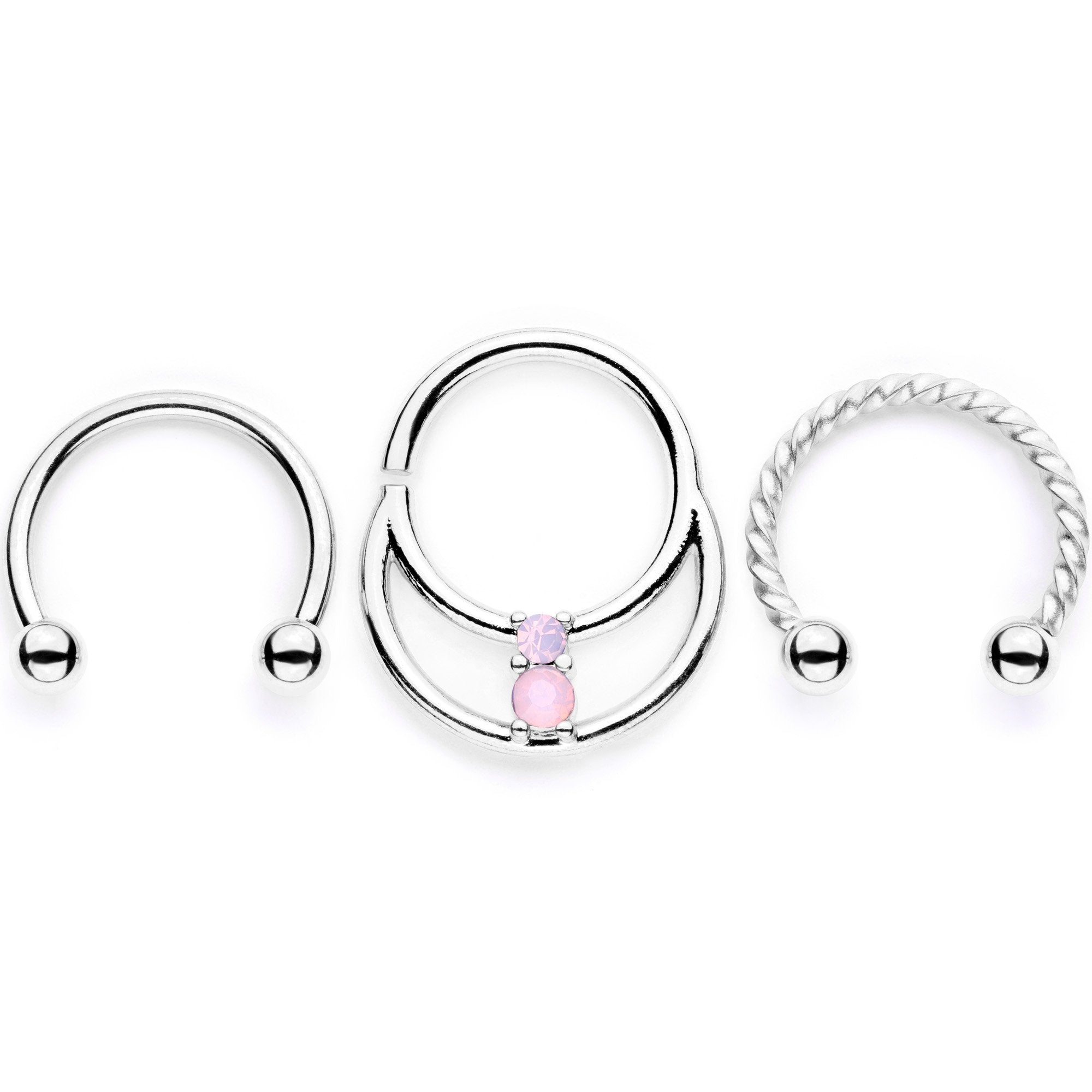 16G 3/8 Pink Faux Opal Twisted Horseshoe Closure Ring Set
