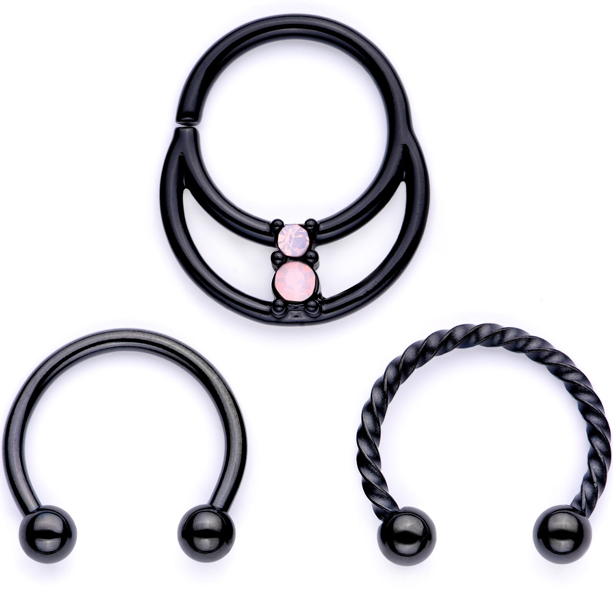 16G 3/8 Pink Faux Opal Black Anodized Horseshoe Closure Ring Set