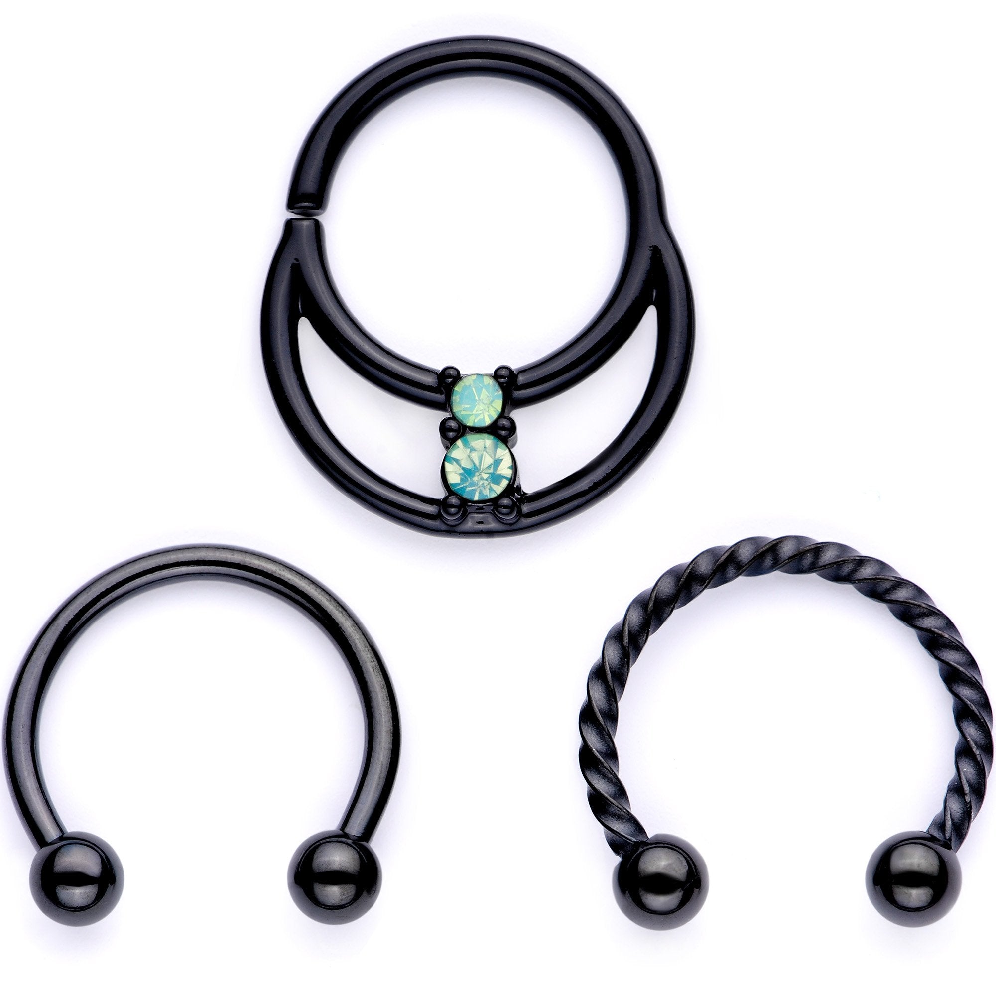 16G 3/8 Teal Faux Opal Black Anodized Horseshoe Closure Ring Set