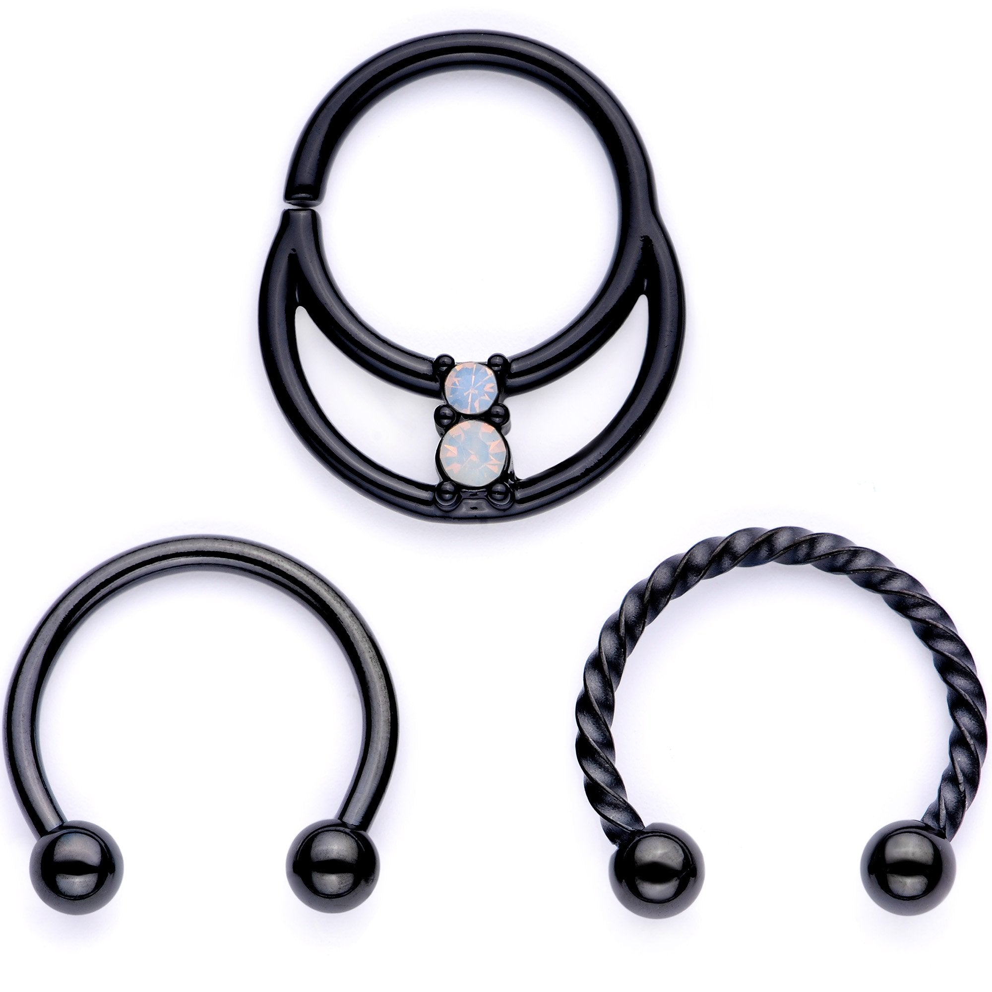 16G 3/8 White Faux Opal Black Anodized Twisted Horseshoe Closure Ring Set