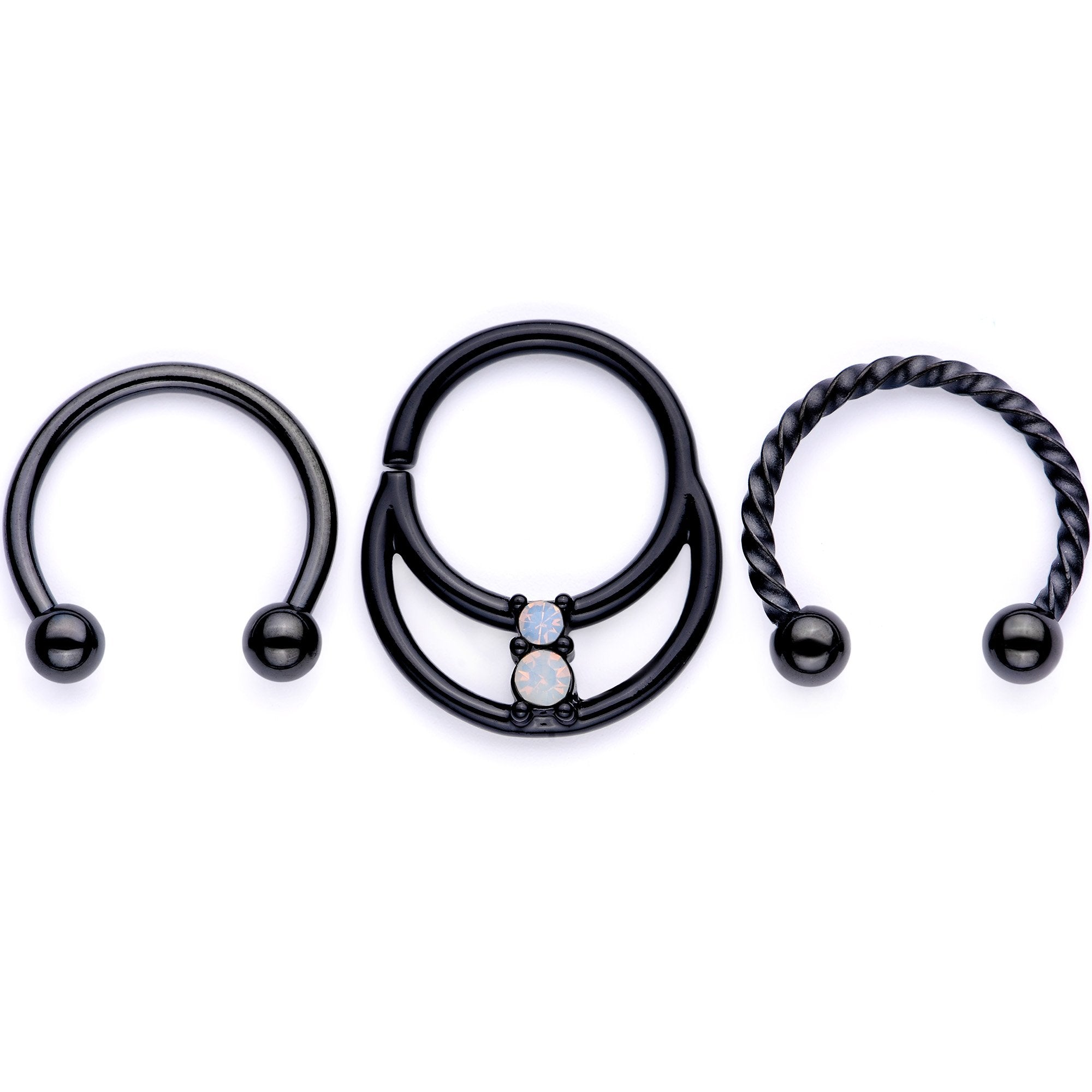 16G 3/8 White Faux Opal Black Anodized Twisted Horseshoe Closure Ring Set
