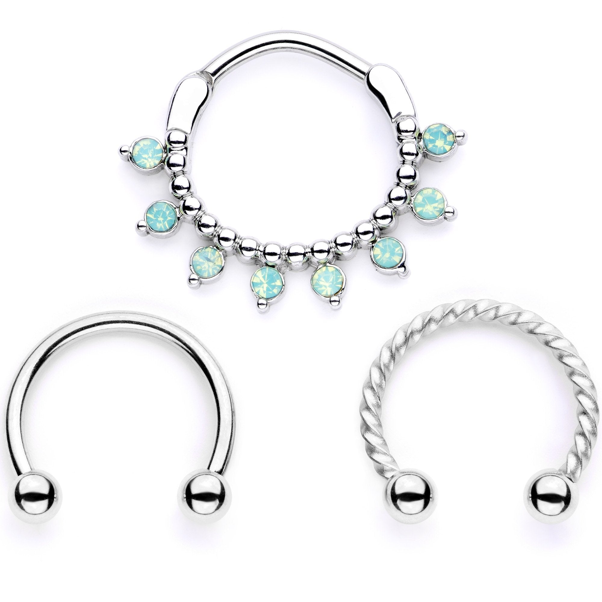 16G 3/8 Teal Faux Opal Twisted Horseshoe and Clicker Set of 3