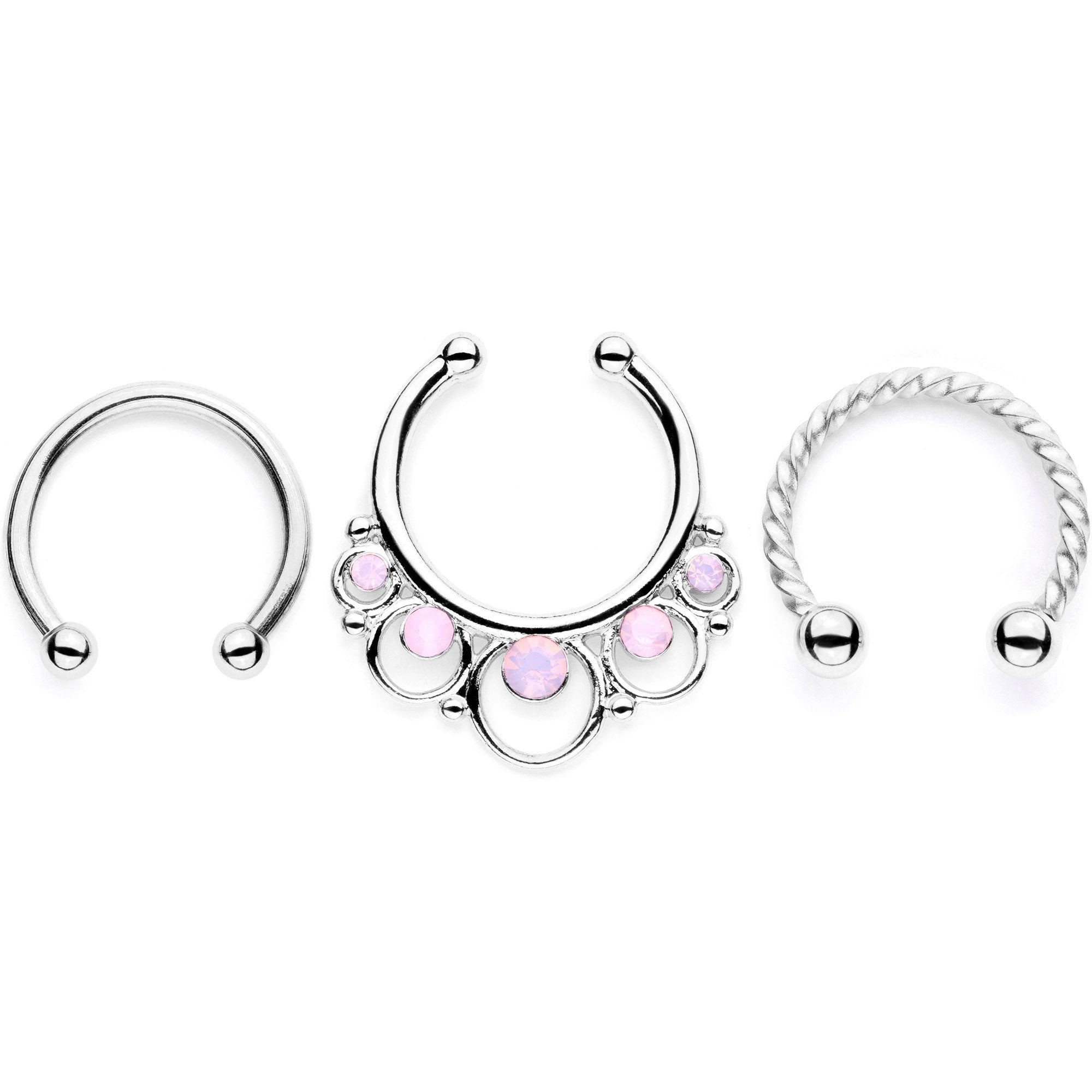 16G Pink Faux Opal Twisted Horseshoe Clip On Fake Septum Ring Set