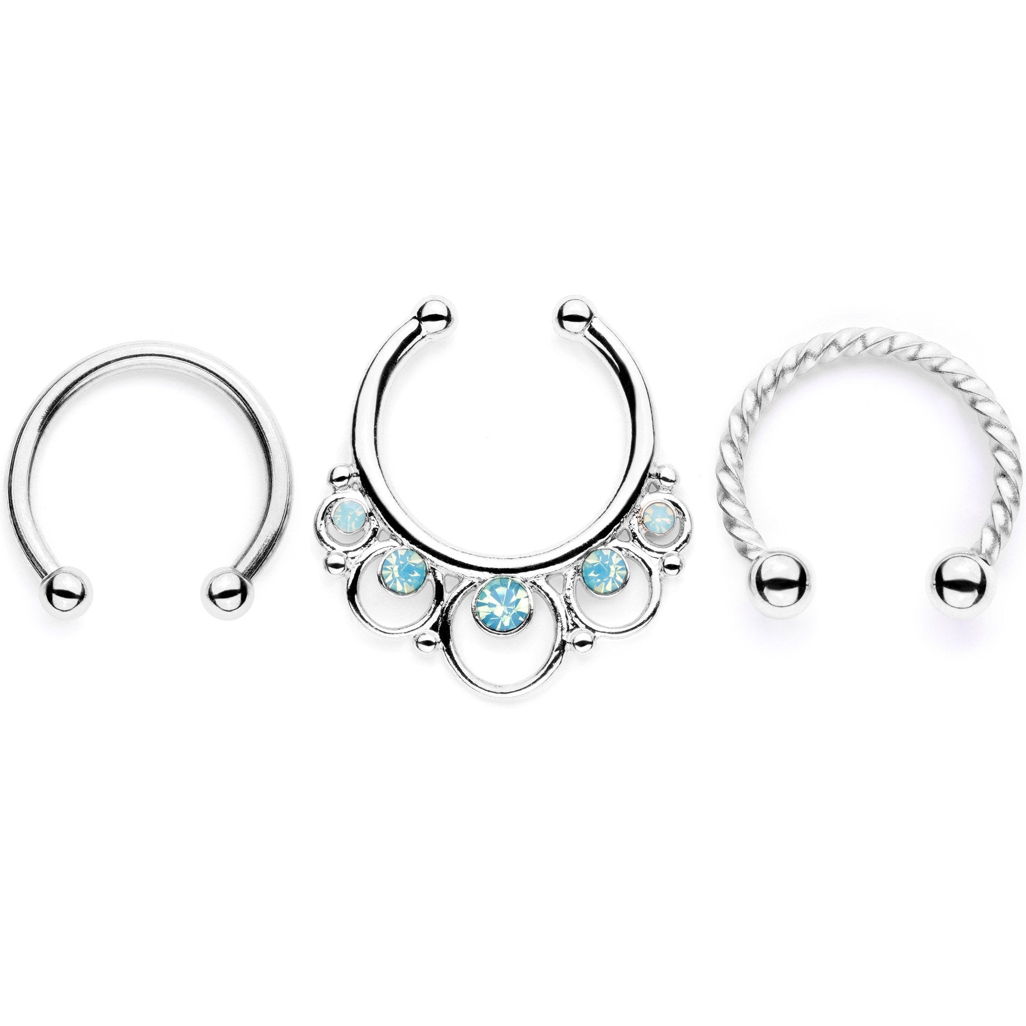 16G Teal Faux Opal Twisted Horseshoe Clip On Fake Septum Ring Set