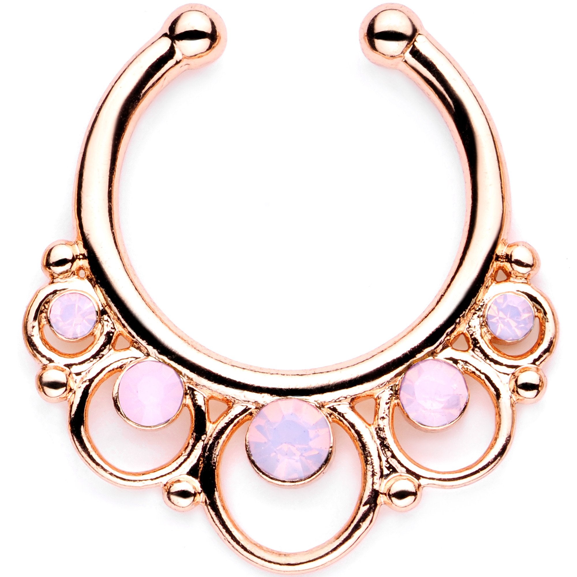 16G Pink Faux Opal Rose Gold Tone Twisted Horseshoe Clip On Fake Septum Ring Set