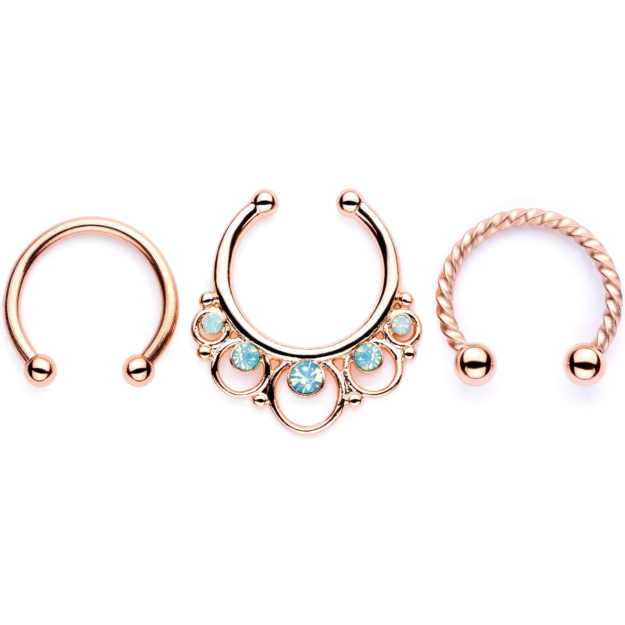 16G Teal Faux Opal Rose Gold Tone Twisted Horseshoe Clip On Fake Septum Ring Set