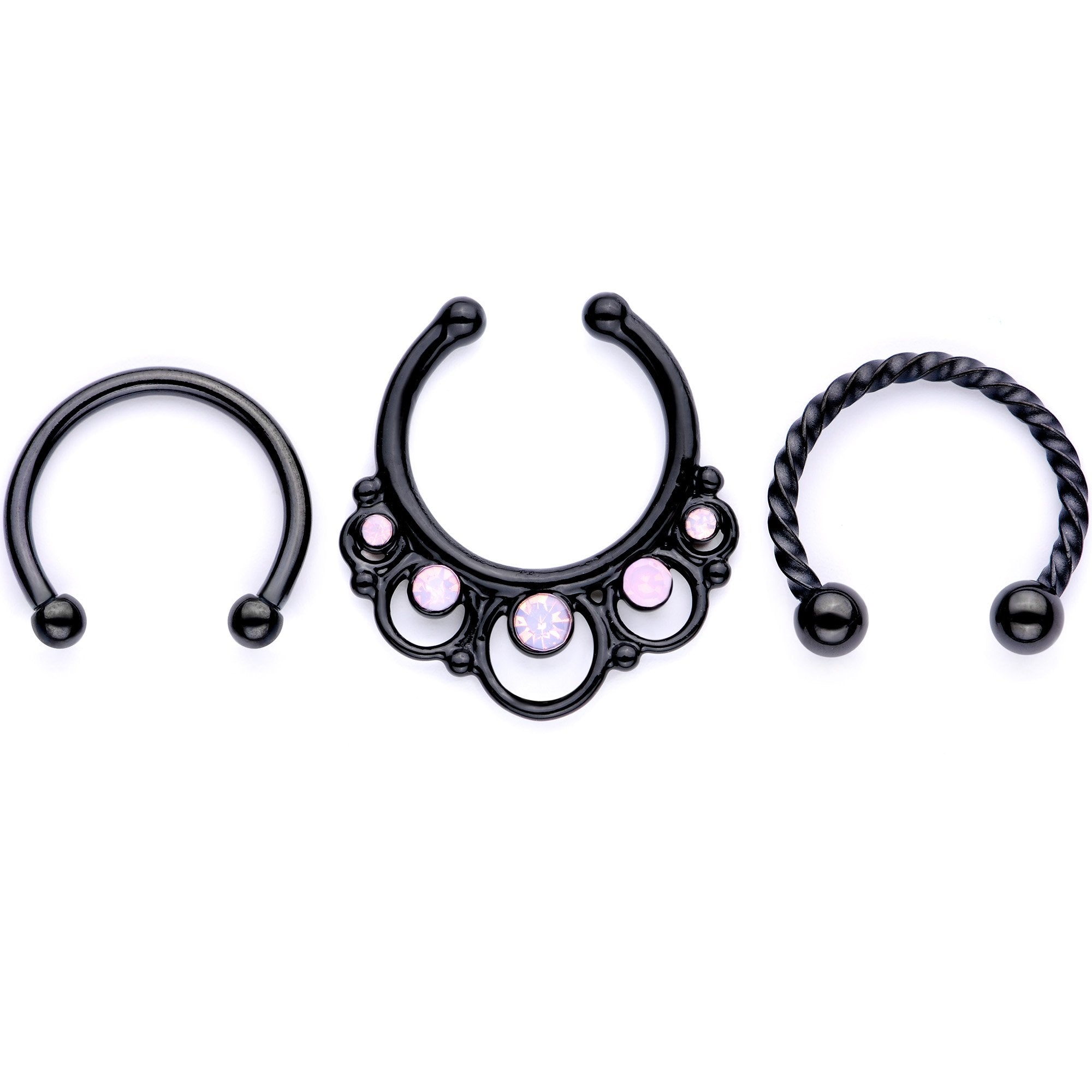 16G Pink Faux Opal Black Anodized Twisted Horseshoe Clip On Fake Septum Ring Set