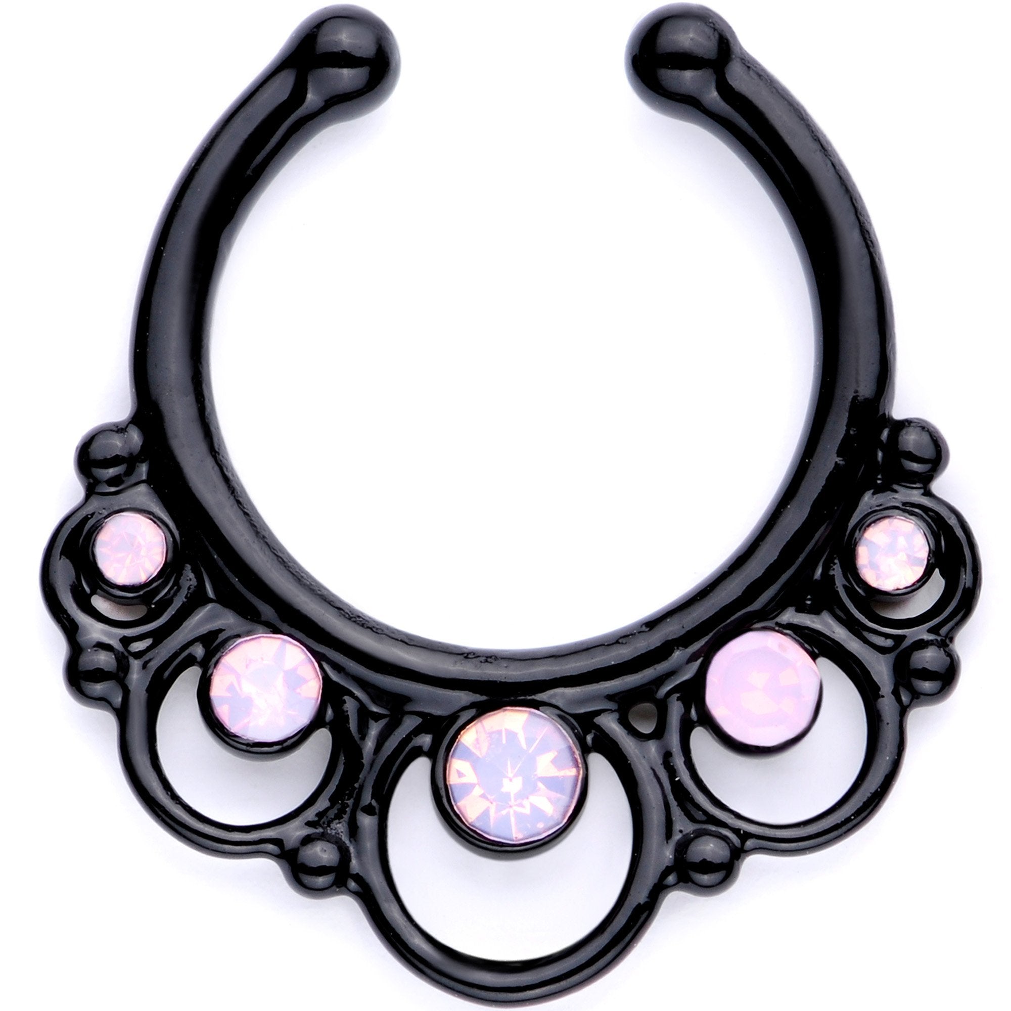16G Pink Faux Opal Black Anodized Twisted Horseshoe Clip On Fake Septum Ring Set