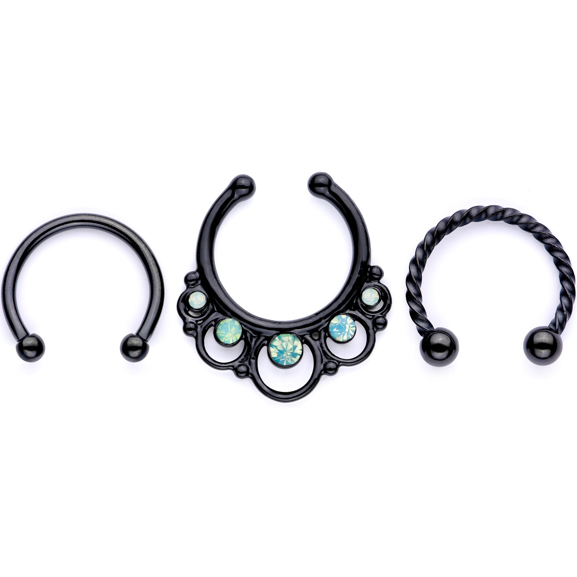 16G Teal Faux Opal Black Anodized Twisted Horseshoe Clip On Fake Septum Ring Set