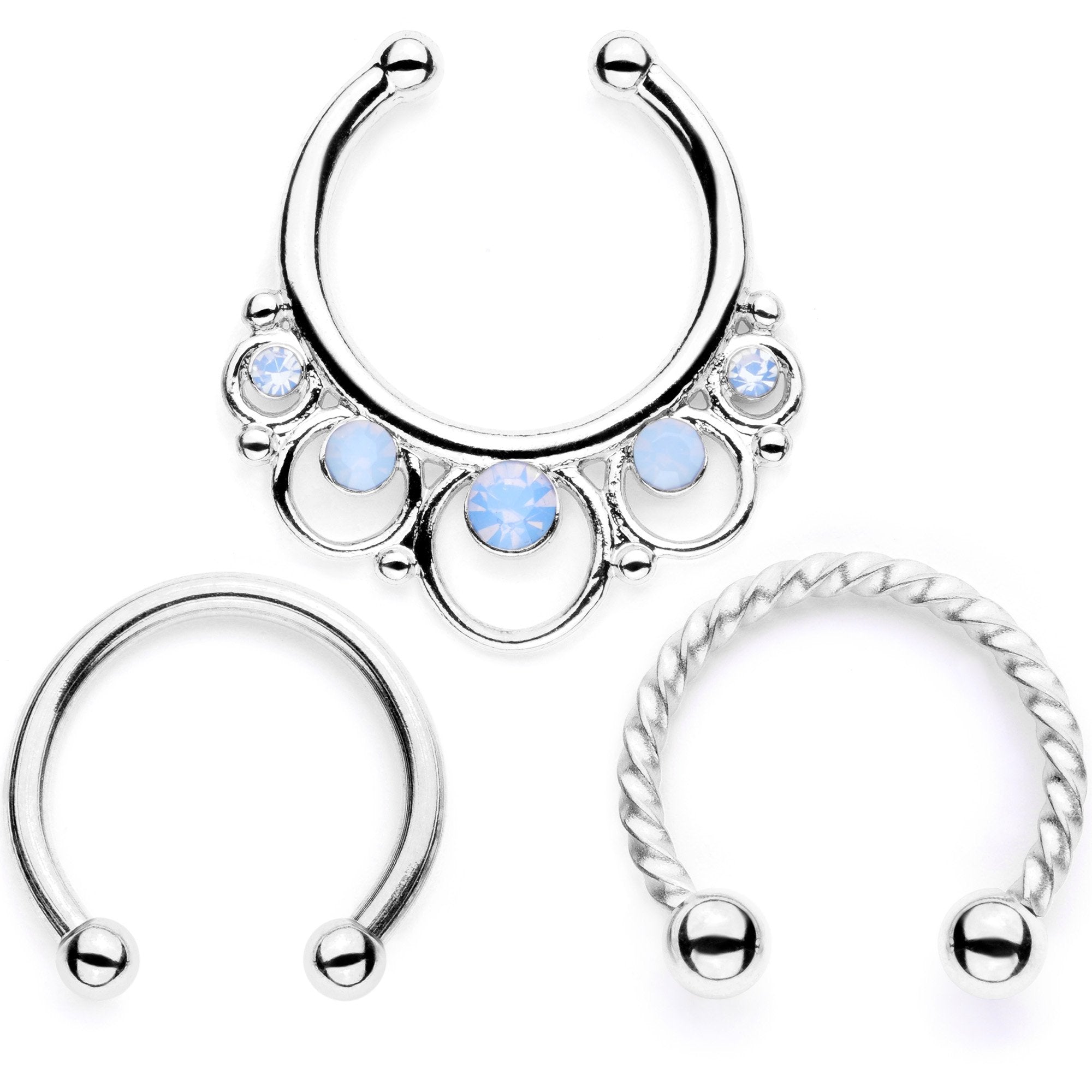 16G Blue Faux Opal Twisted Horseshoe Clip On Fake Septum Ring Set