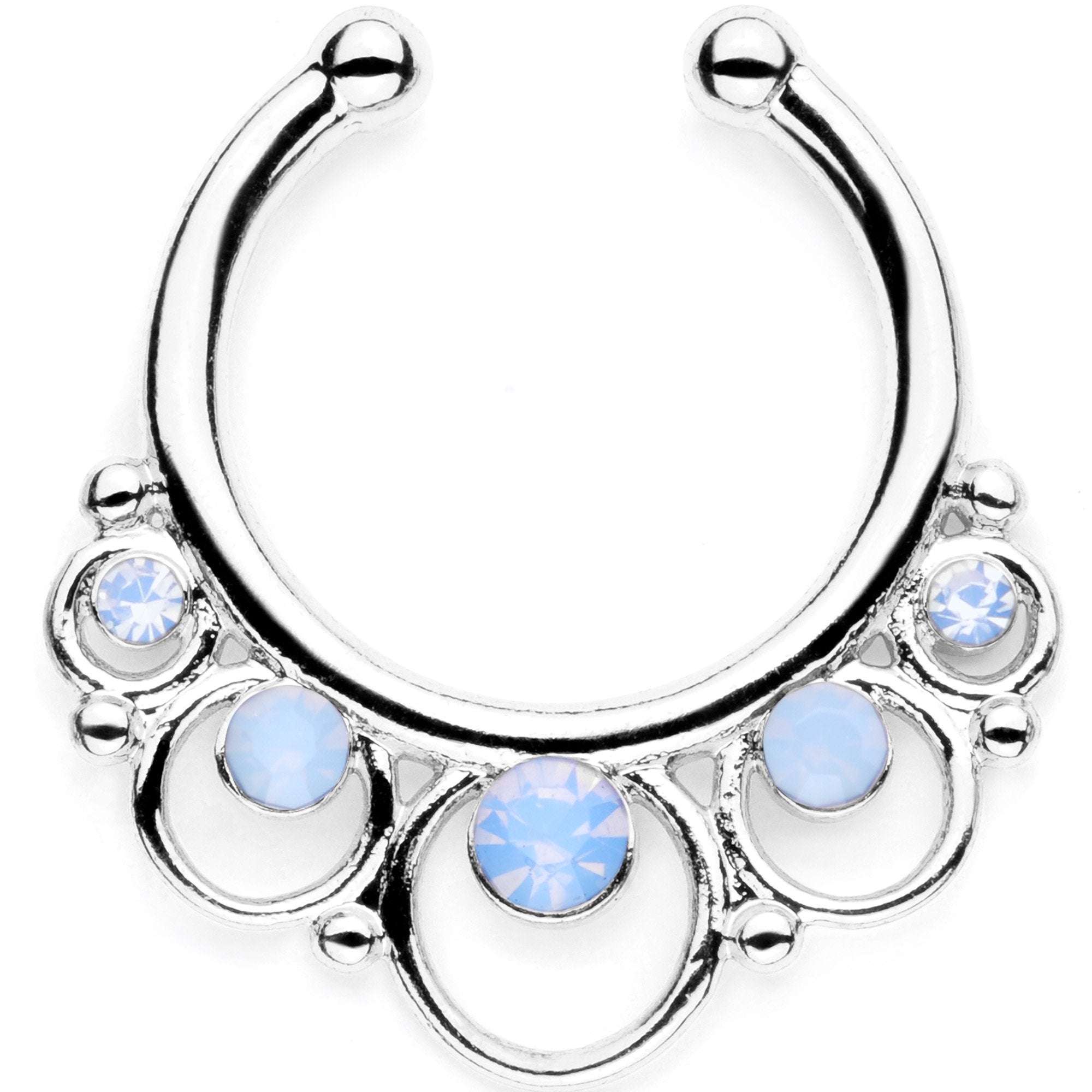 16G Blue Faux Opal Twisted Horseshoe Clip On Fake Septum Ring Set