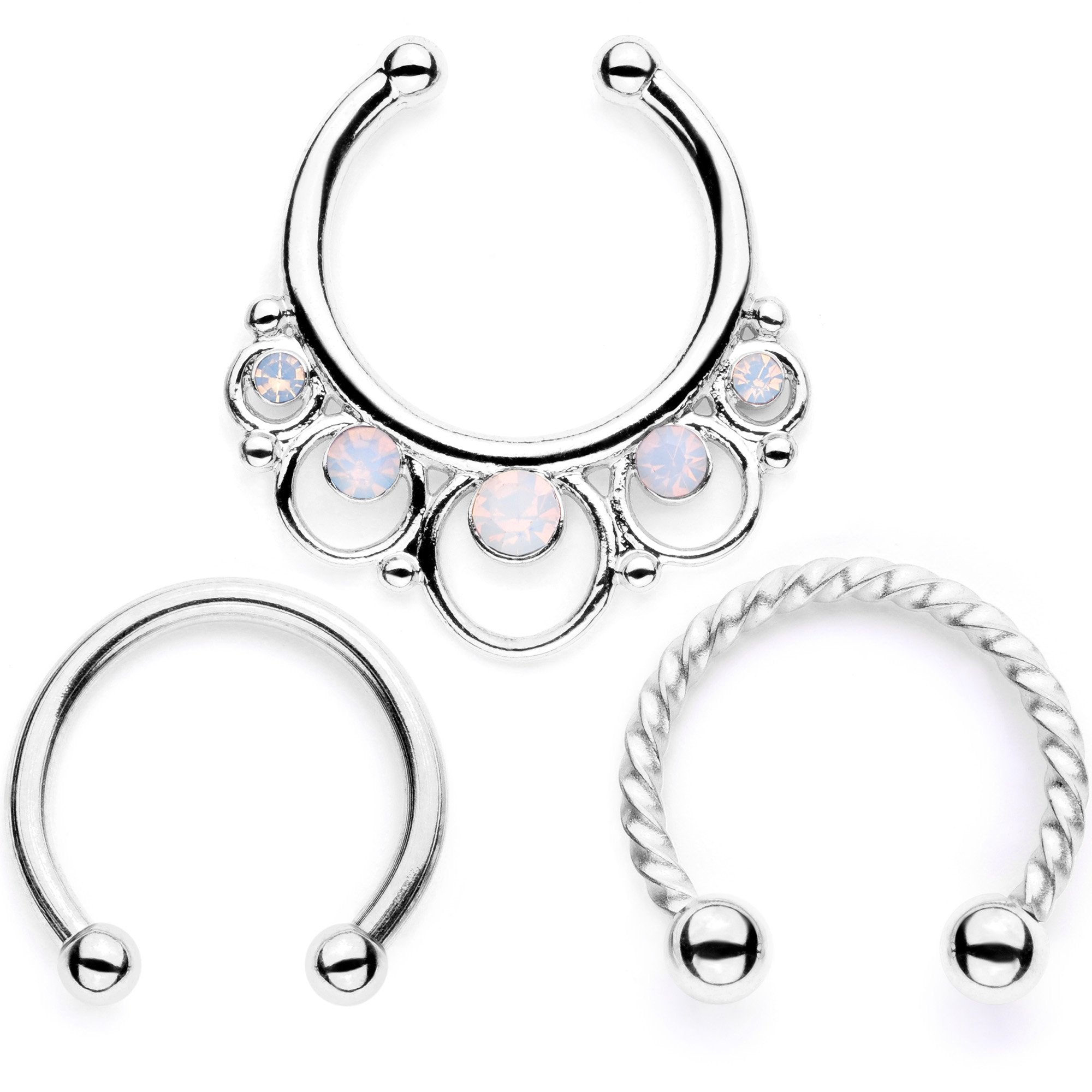 16G White Faux Opal Twisted Horseshoe Clip On Fake Septum Ring Set