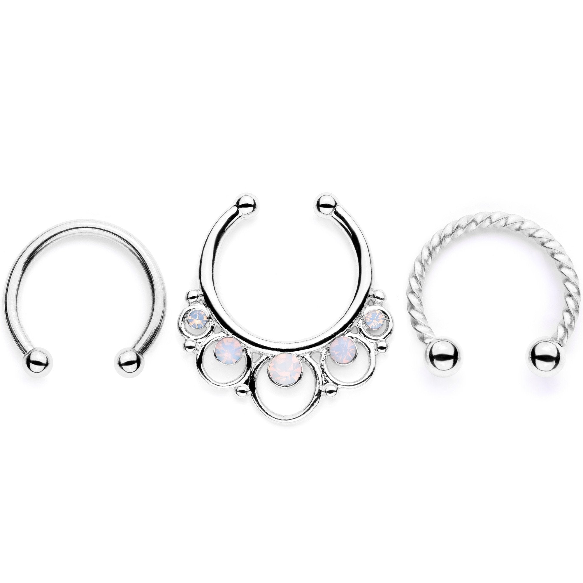 16G White Faux Opal Twisted Horseshoe Clip On Fake Septum Ring Set