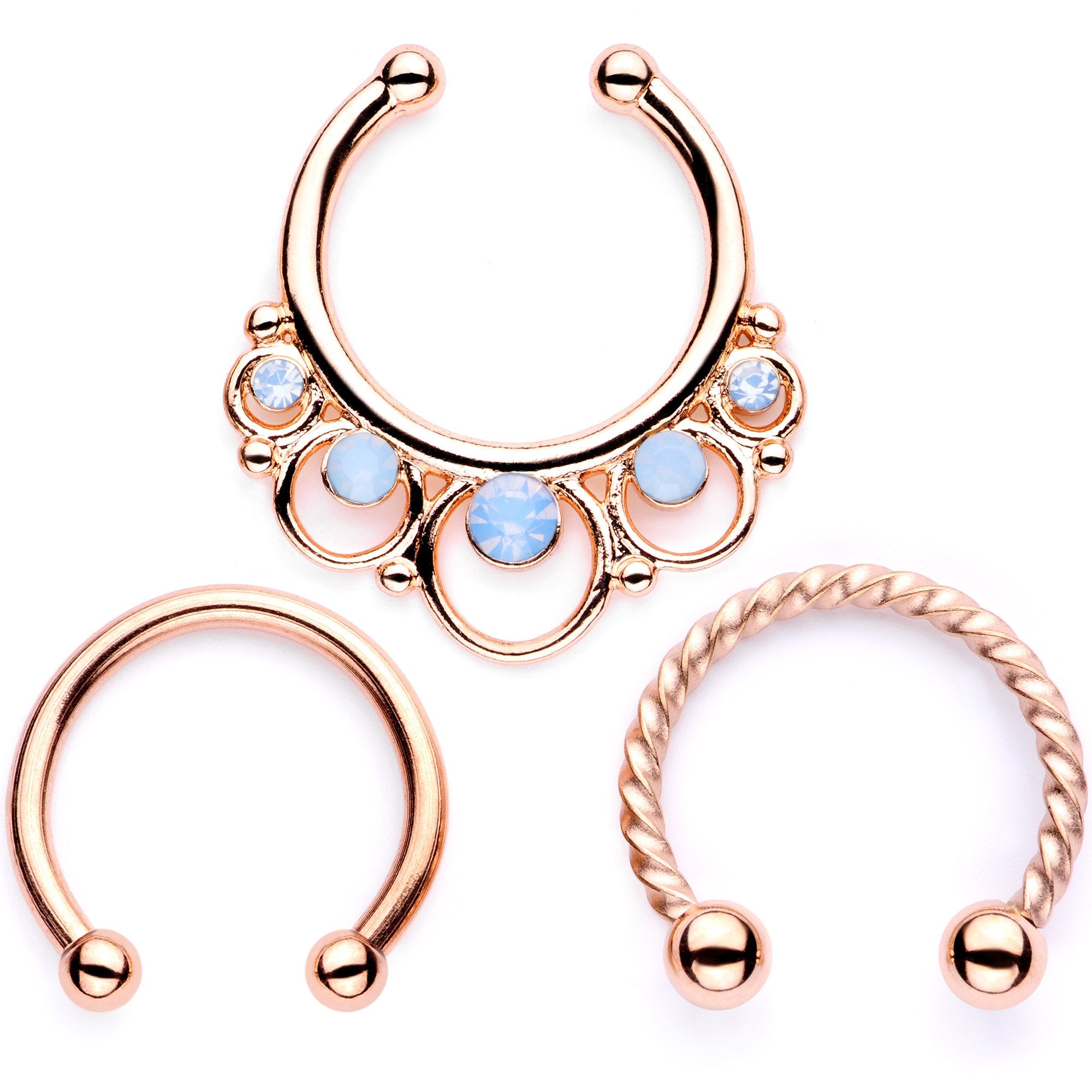 16G Blue Faux Opal Rose Gold Tone Twisted Horseshoe Clip On Fake Septum Ring Set