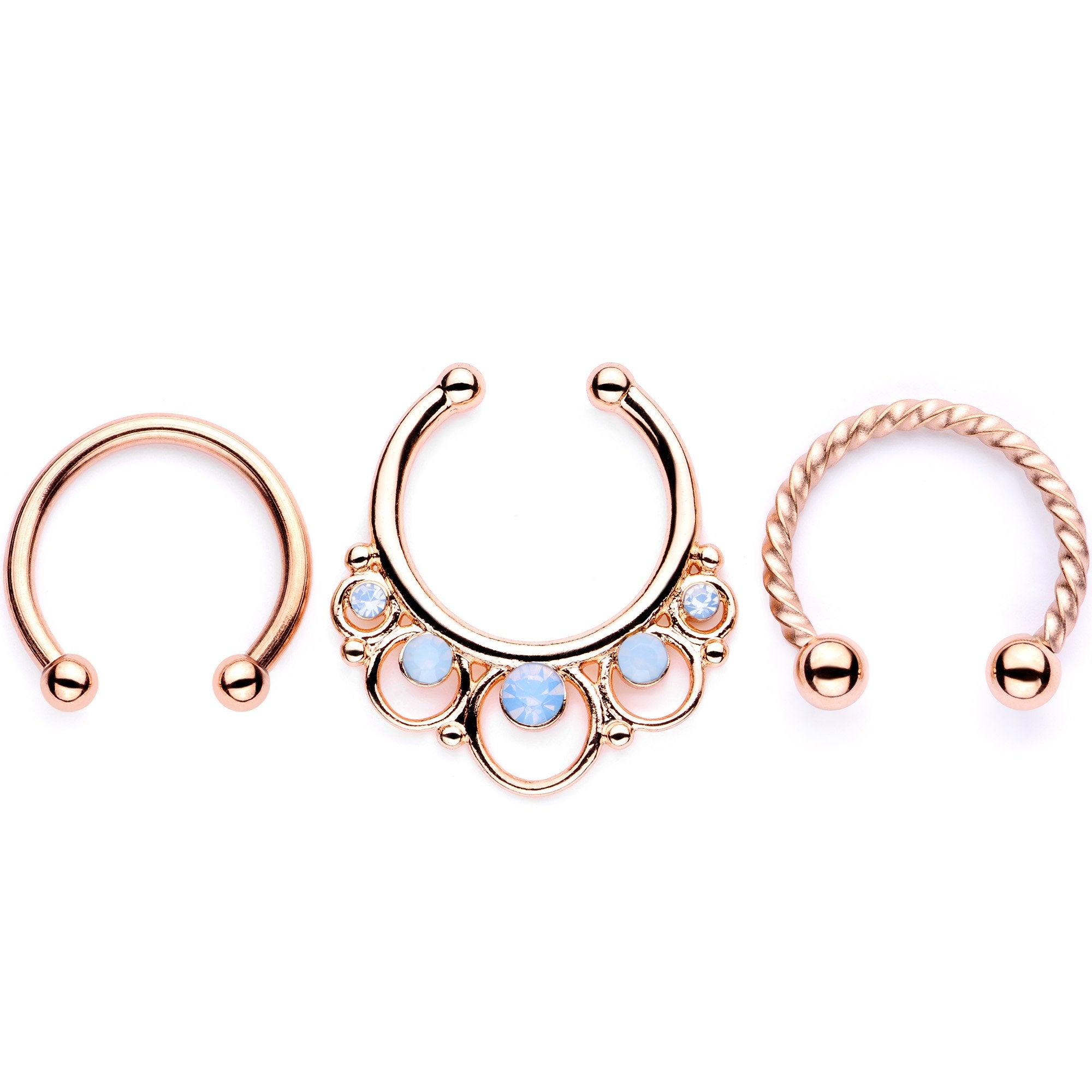 16G Blue Faux Opal Rose Gold Tone Twisted Horseshoe Clip On Fake Septum Ring Set