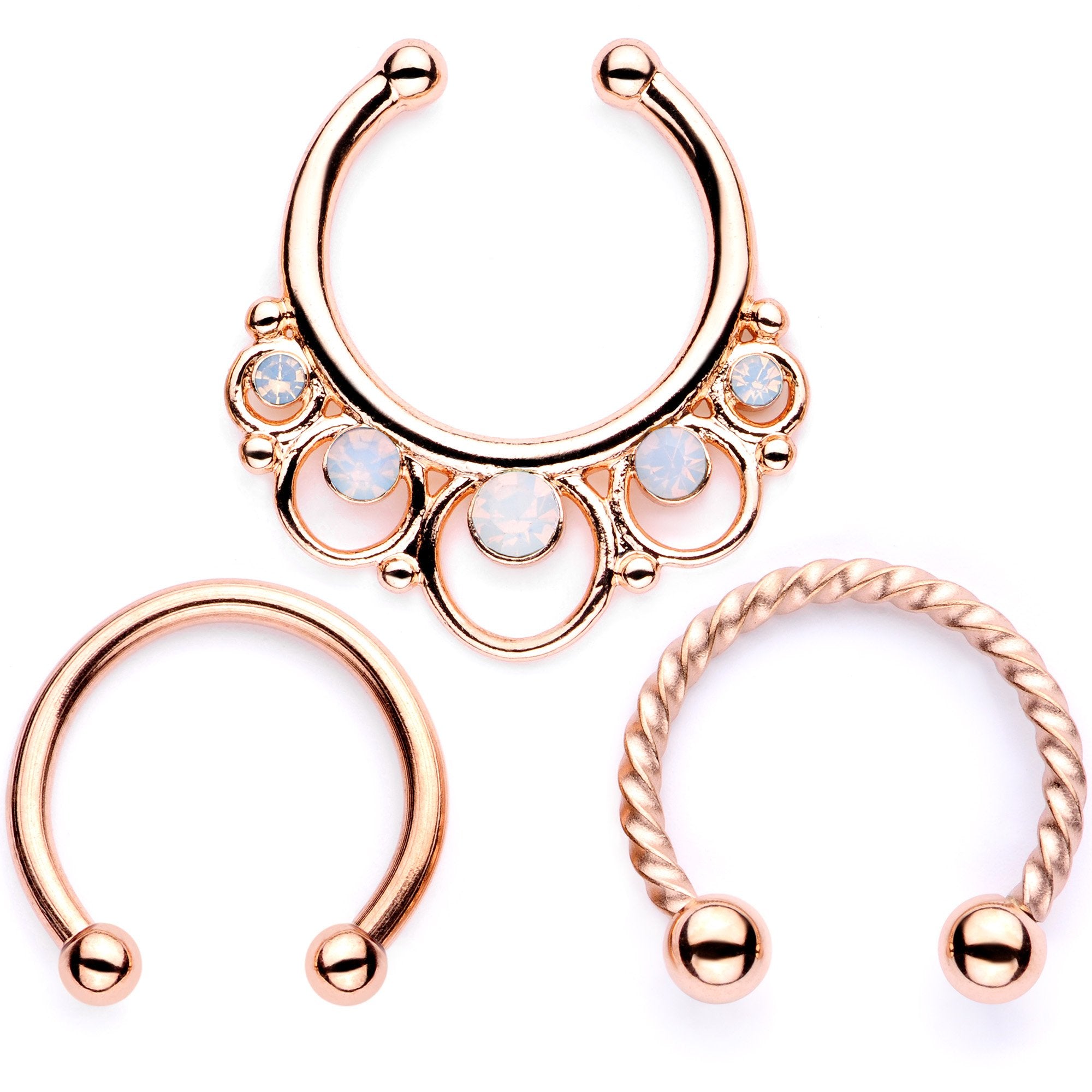 16G White Faux Opal Rose Gold Tone Twisted Horseshoe Clip On Fake Septum Ring Set