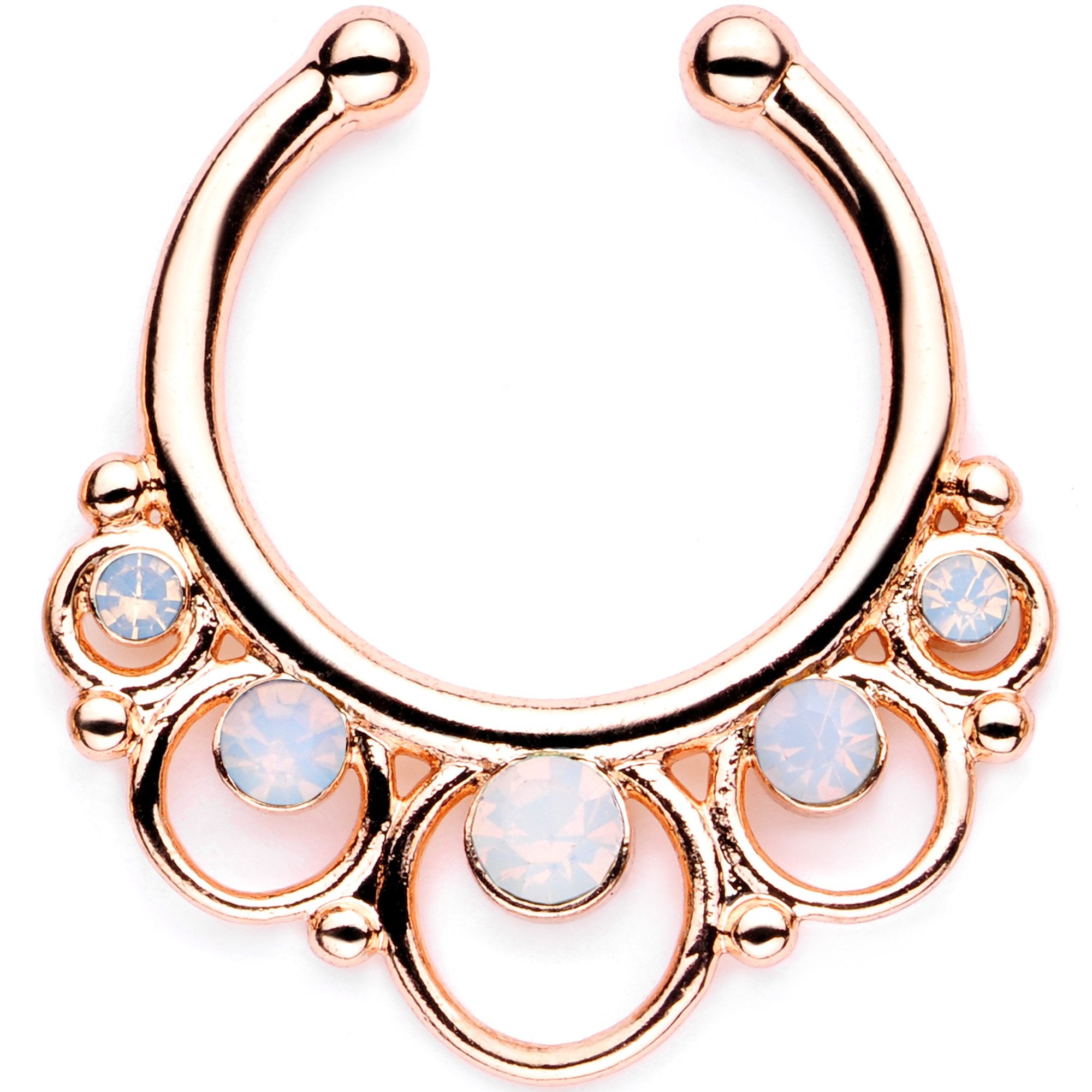 16G White Faux Opal Rose Gold Tone Twisted Horseshoe Clip On Fake Septum Ring Set
