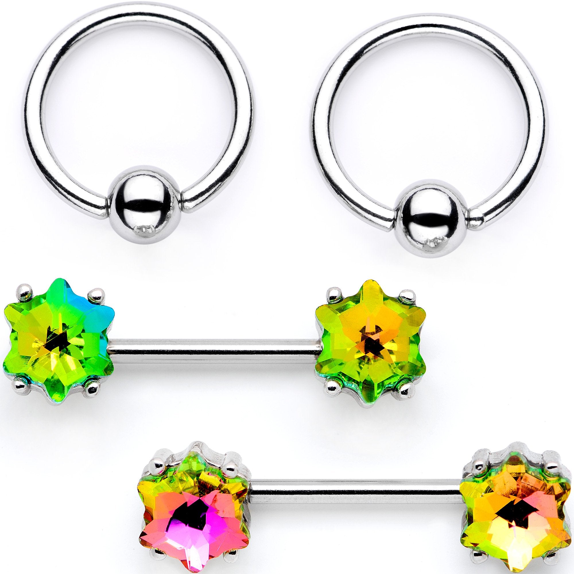 14G Green Gem Supernova Captive Ring Barbell Nipple Ring Set