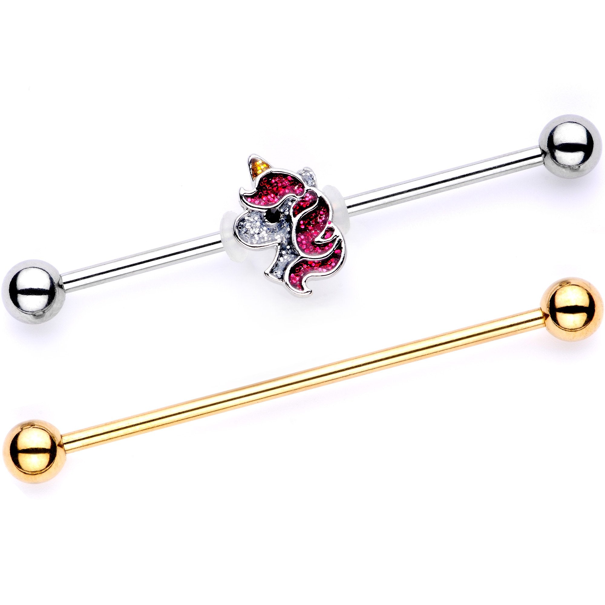 Purple Glitter Cartoon Unicorn Gold Tone Industrial Barbell Set of 2