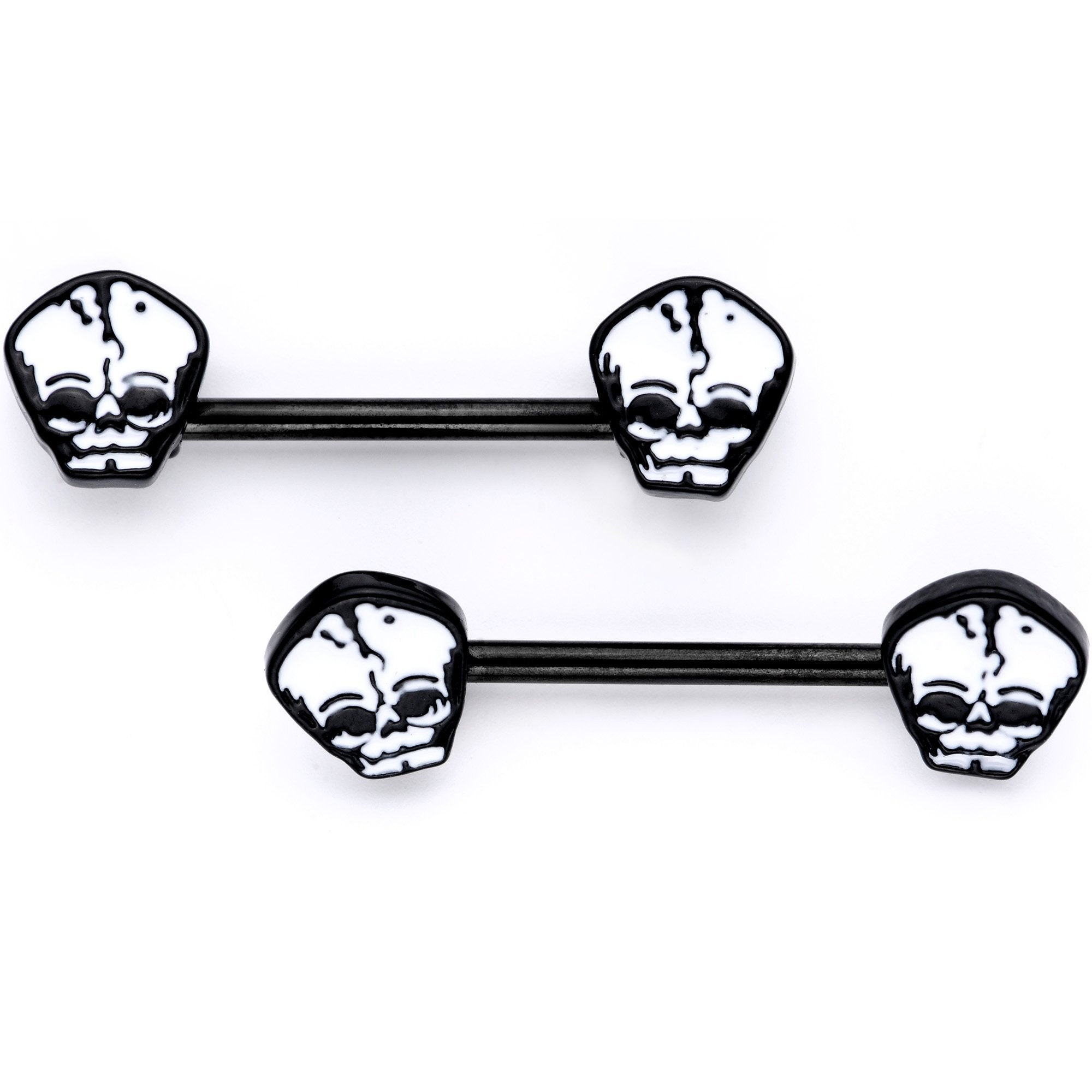 9/16 Black Plated Mister Skull and Bones Barbell Nipple Ring Set