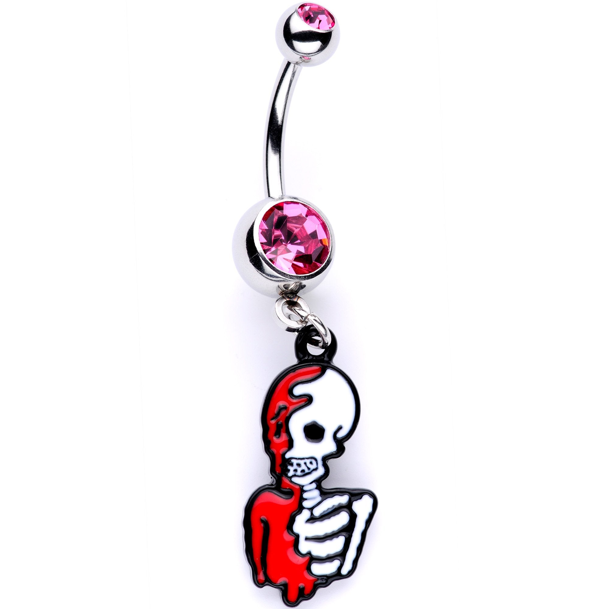 Pink Gem Bloody Skeleton Dangle Belly Ring