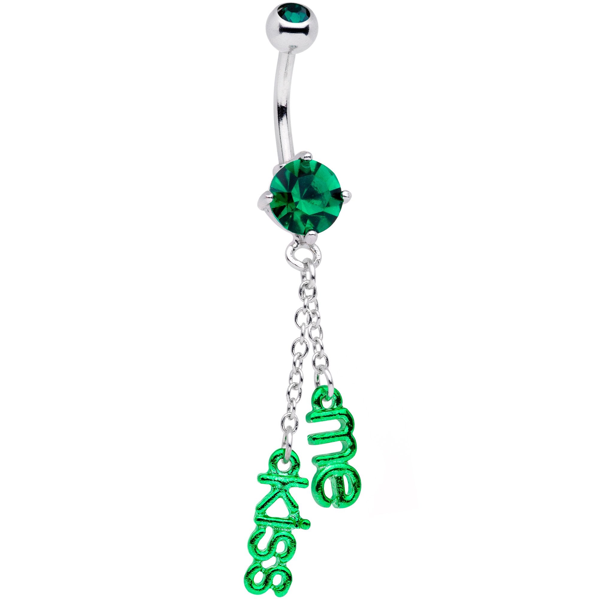 Green CZ Gem St Patricks Day Kiss Me Dangle Belly Ring