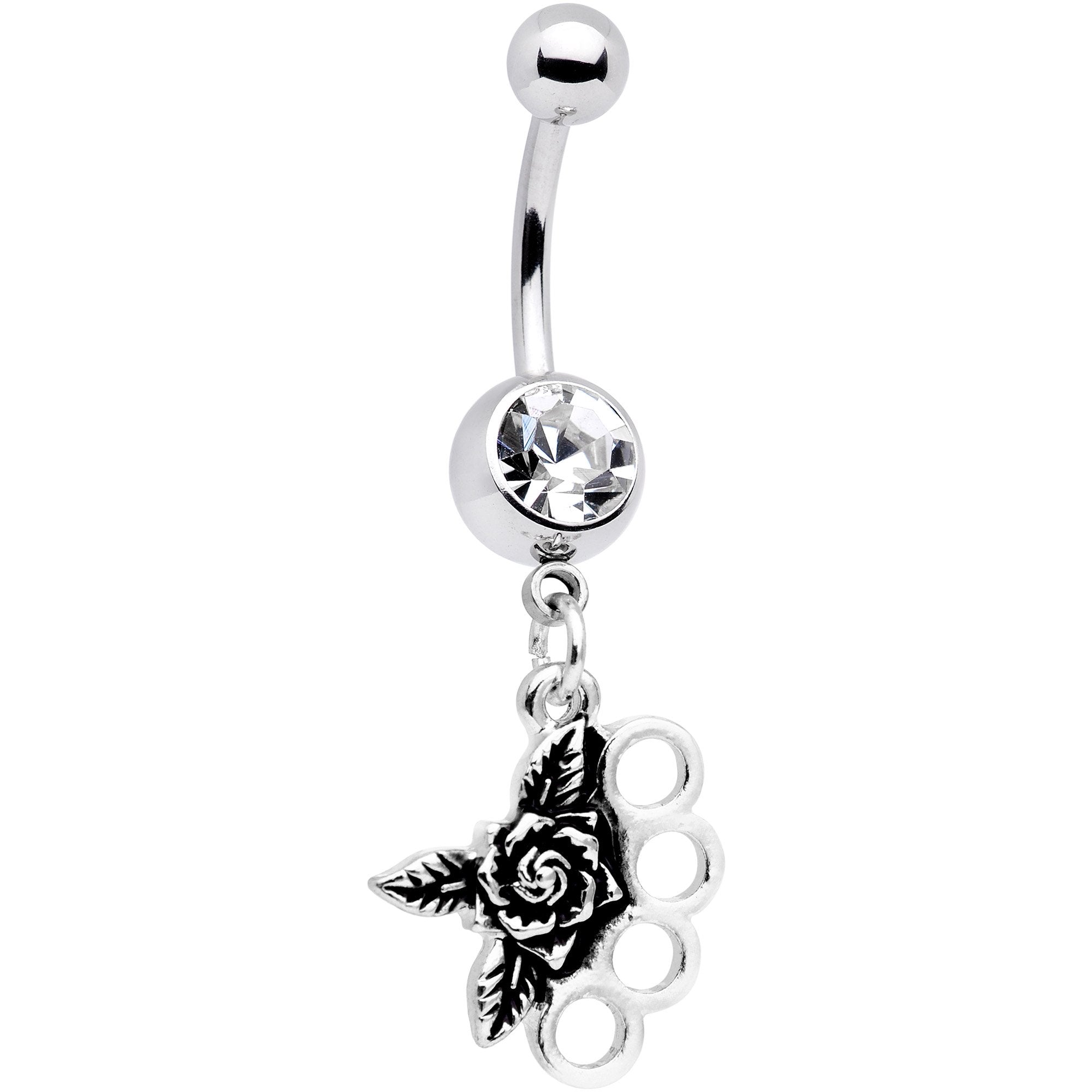Clear CZ Gem Badass Brass Knuckles Dangle Belly Ring