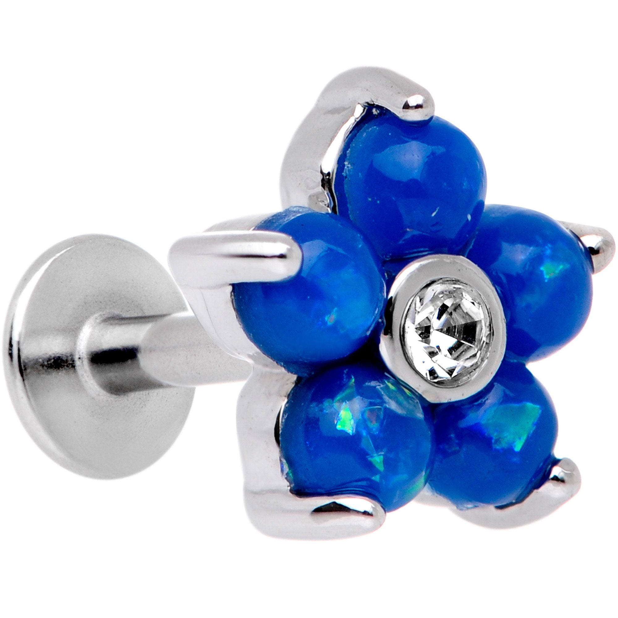 16G 1/4 Blue Faux Opal CZ Flower Cartilage Tragus