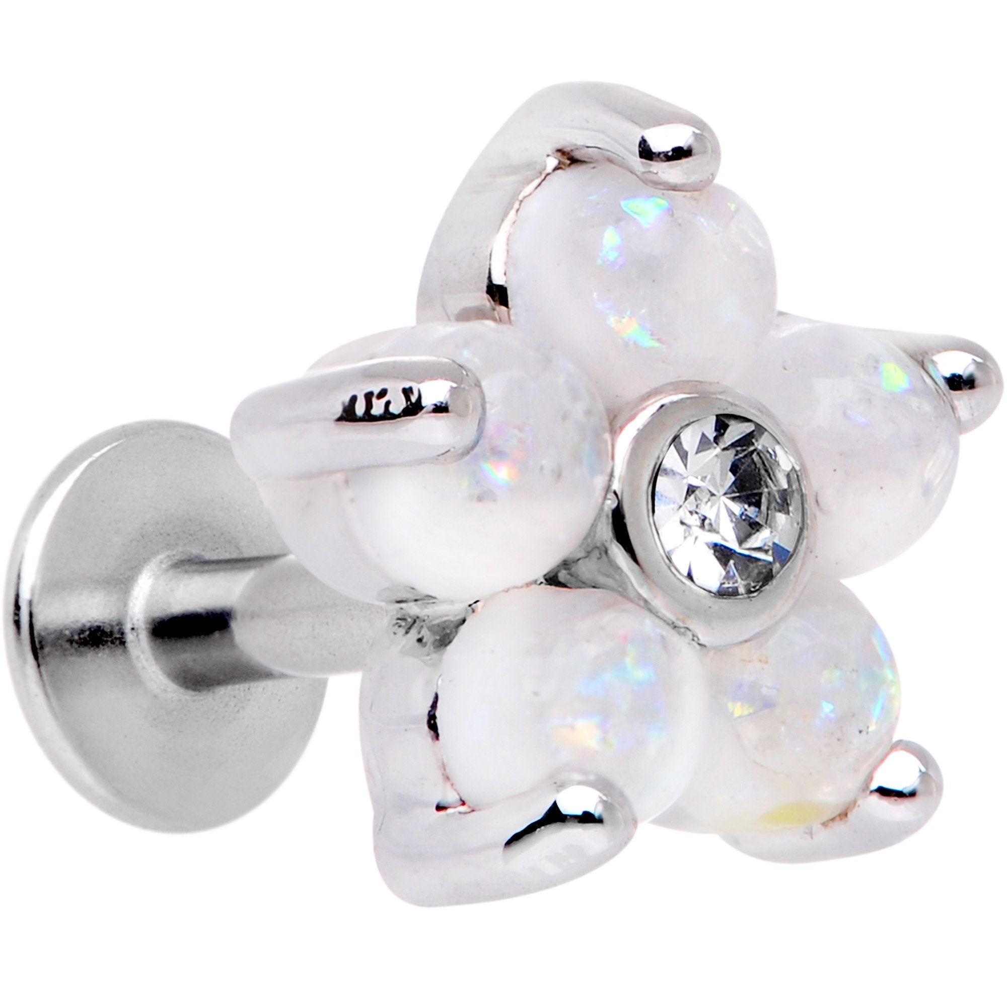16G 1/4 White Faux Opal CZ Flower Cartilage Tragus