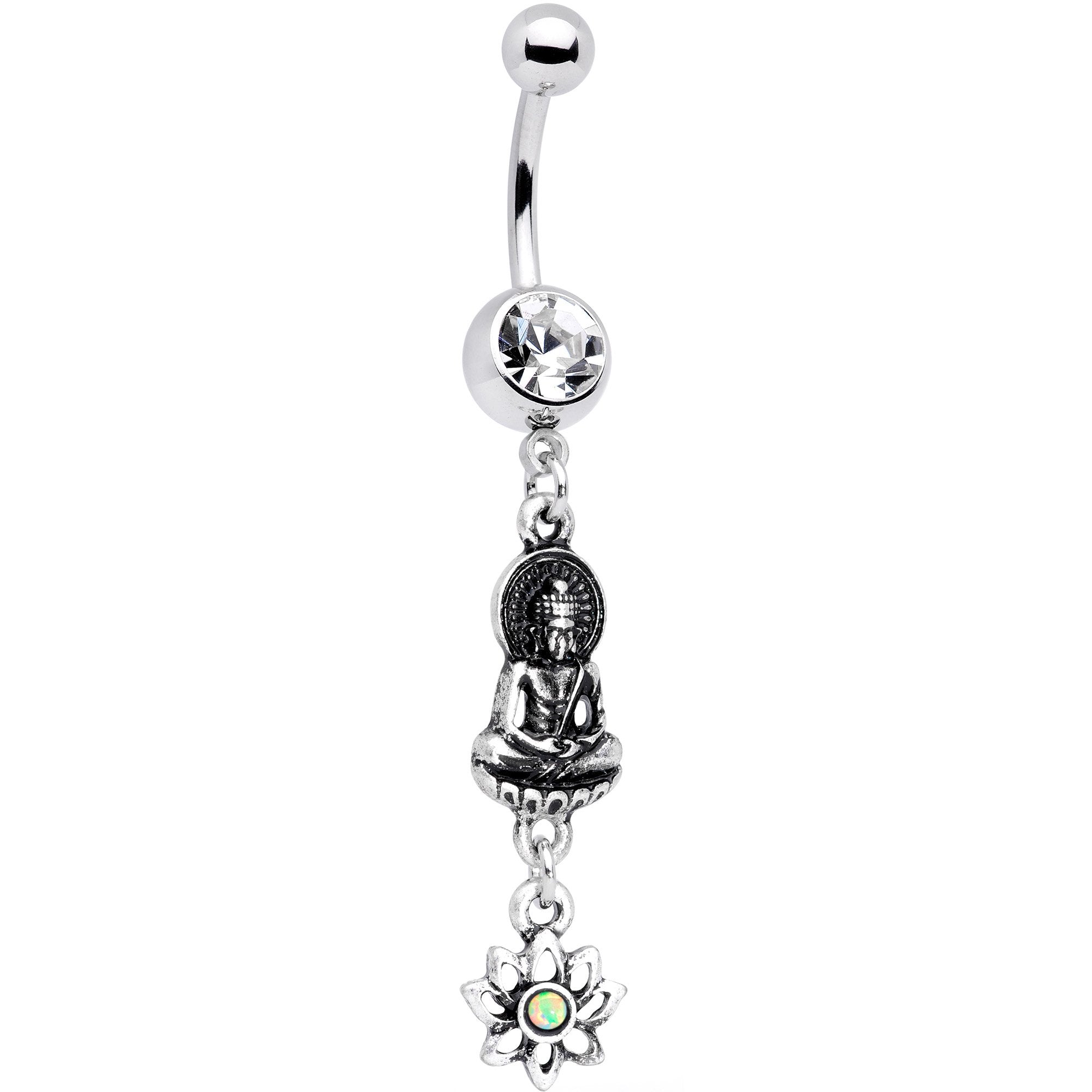 White Synthetic Opal Transcendent Buddha Lotus Flower Dangle Belly Ring