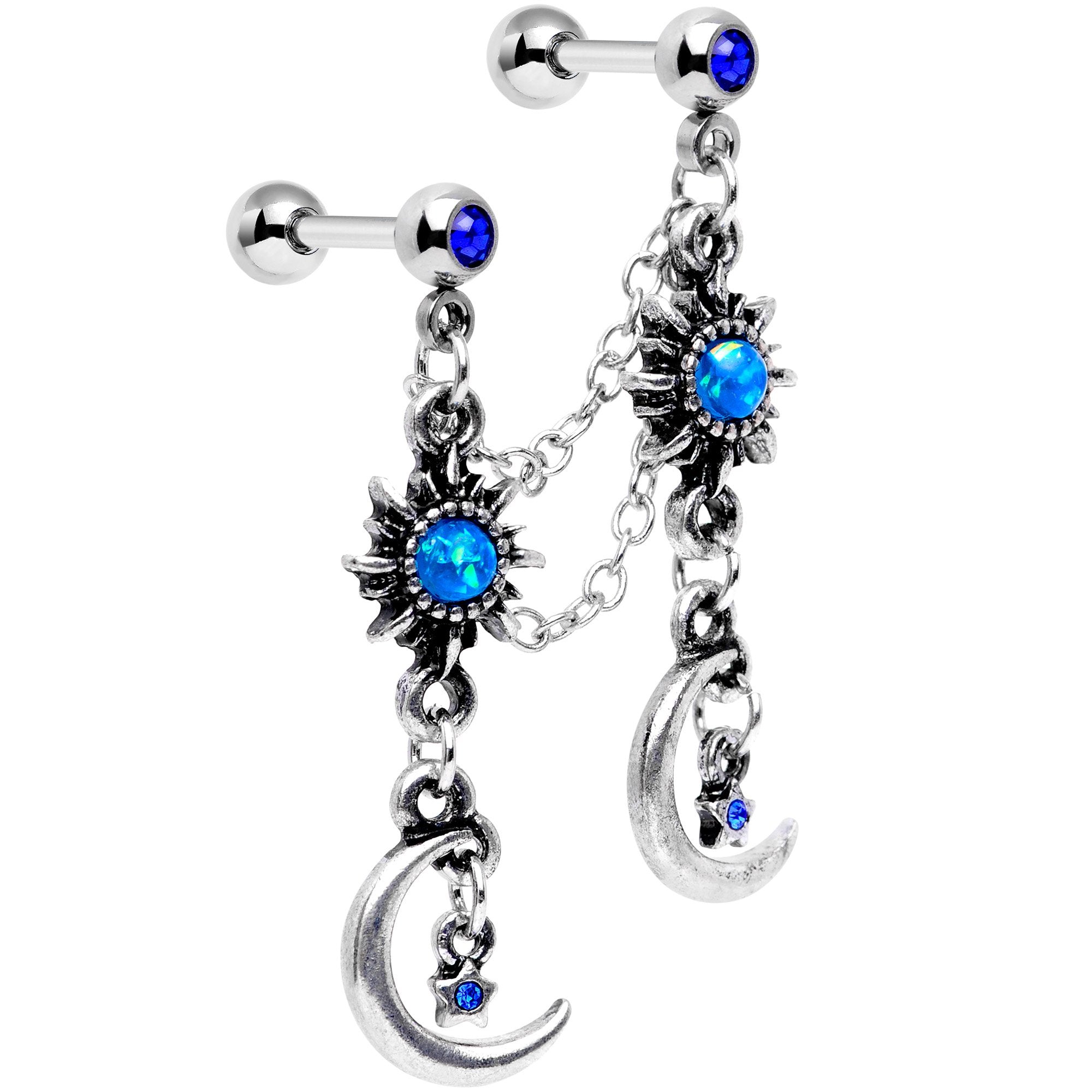 16G 1/4 Blue Gem Crescent Moon Star Cartilage Chain Earring