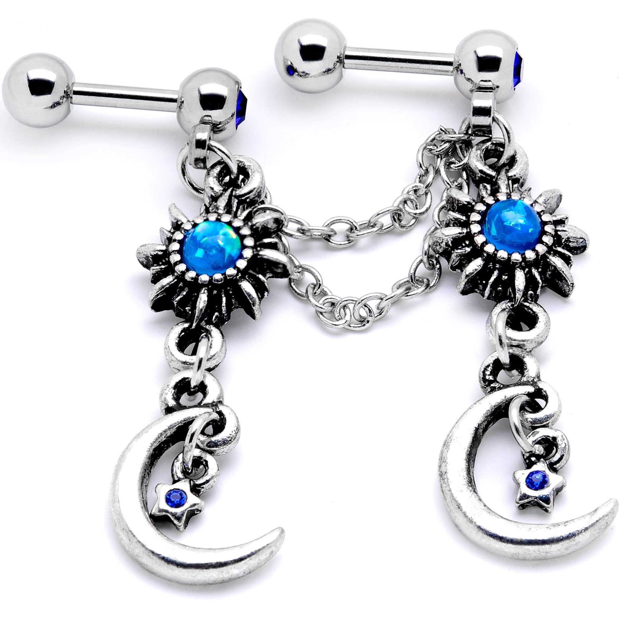 16G 1/4 Blue Gem Crescent Moon Star Cartilage Chain Earring