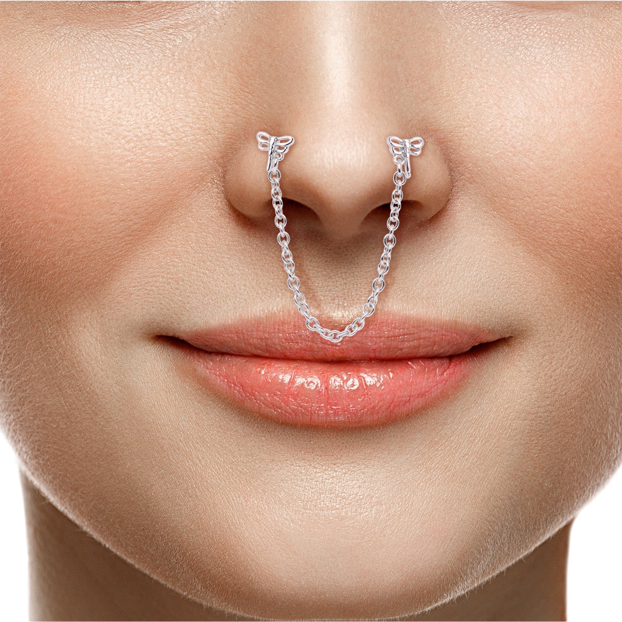 20G 1/4 Daring Dragonfly Chain Dangle Double Nose Bone