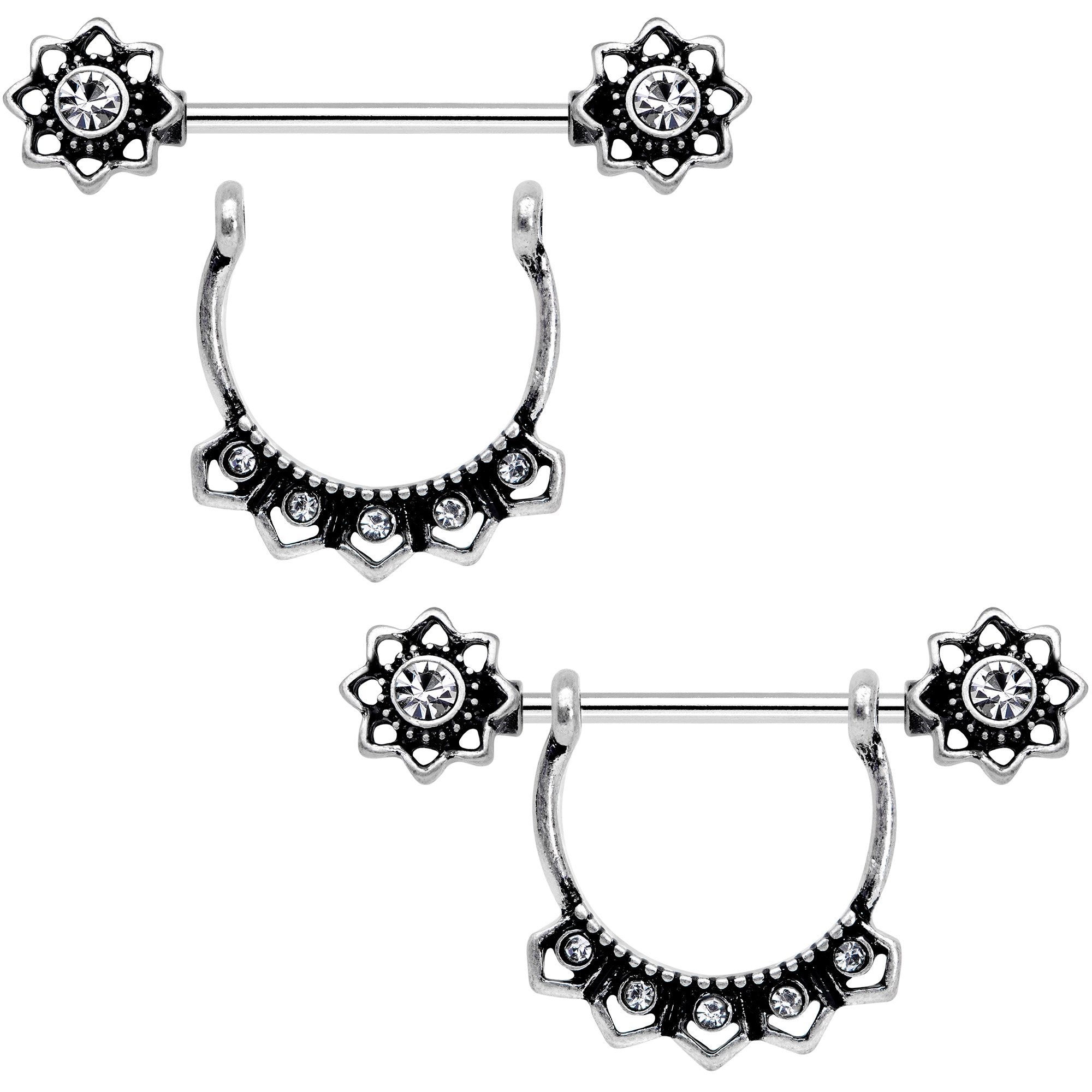 Clear Gem Flapper Fashion Removable Dangle Barbell Nipple Ring Set