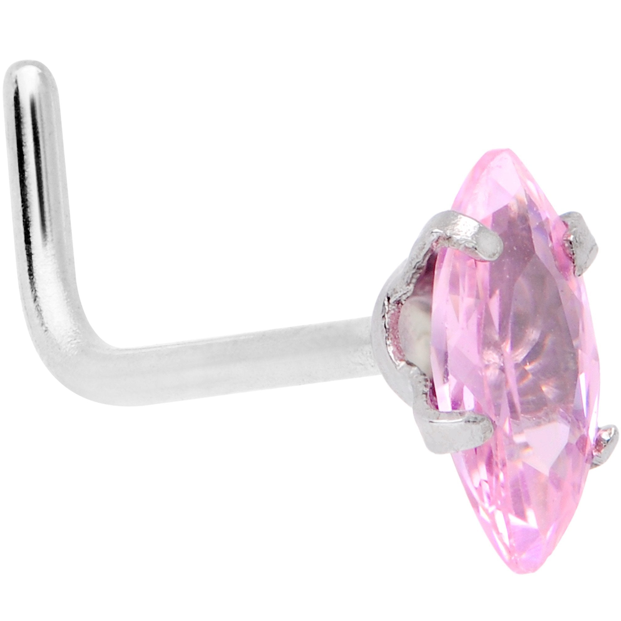 20G 1/4 Pink CZ Gem Ellipse L Shape Nose Ring