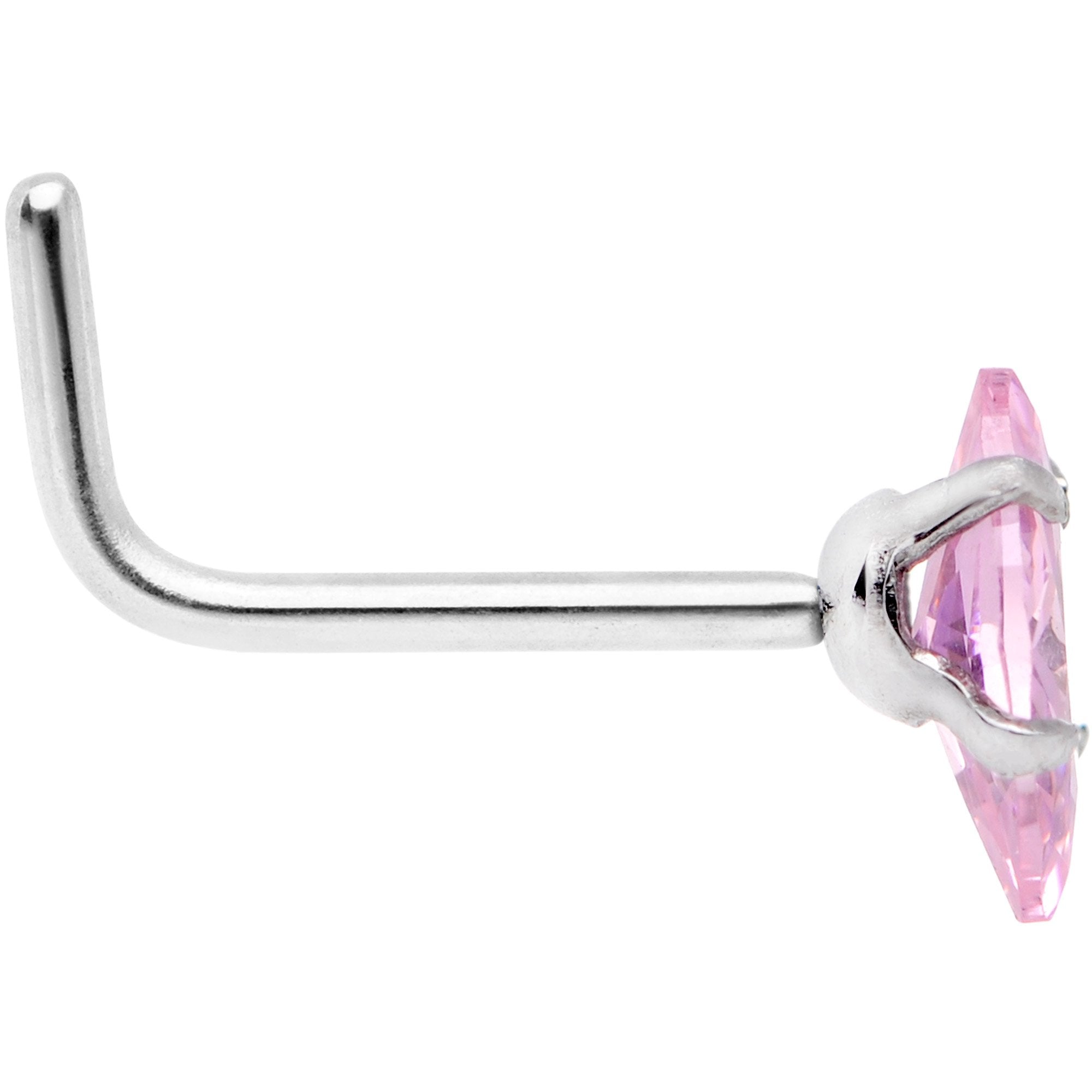 20G 1/4 Pink CZ Gem Ellipse L Shape Nose Ring