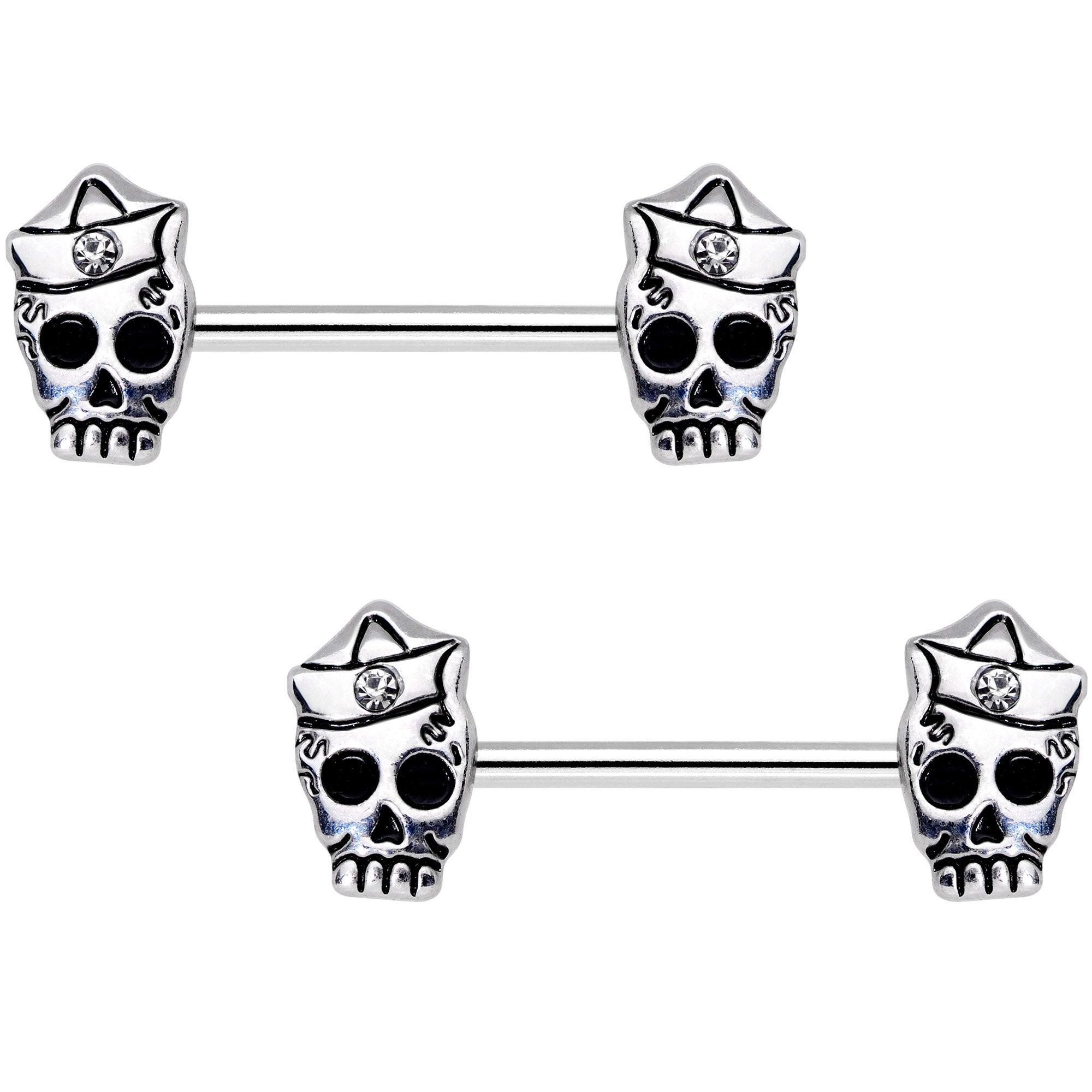 Clear CZ Gem First Mate Skull Barbell Nipple Ring Set
