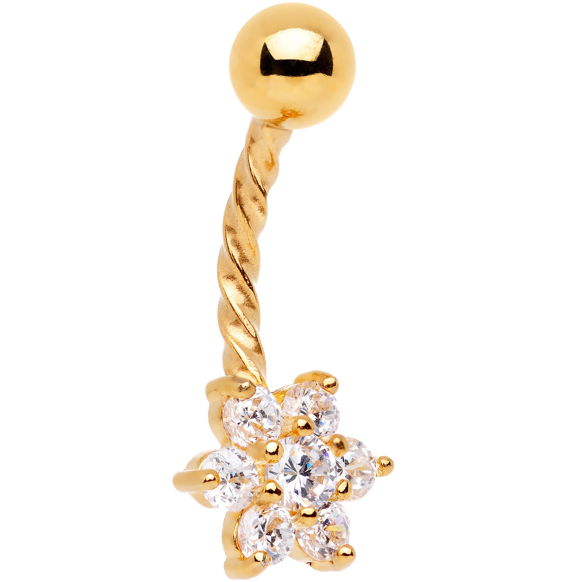 Clear CZ Gem Gold IP Flower Seriously Twisted Belly Ring