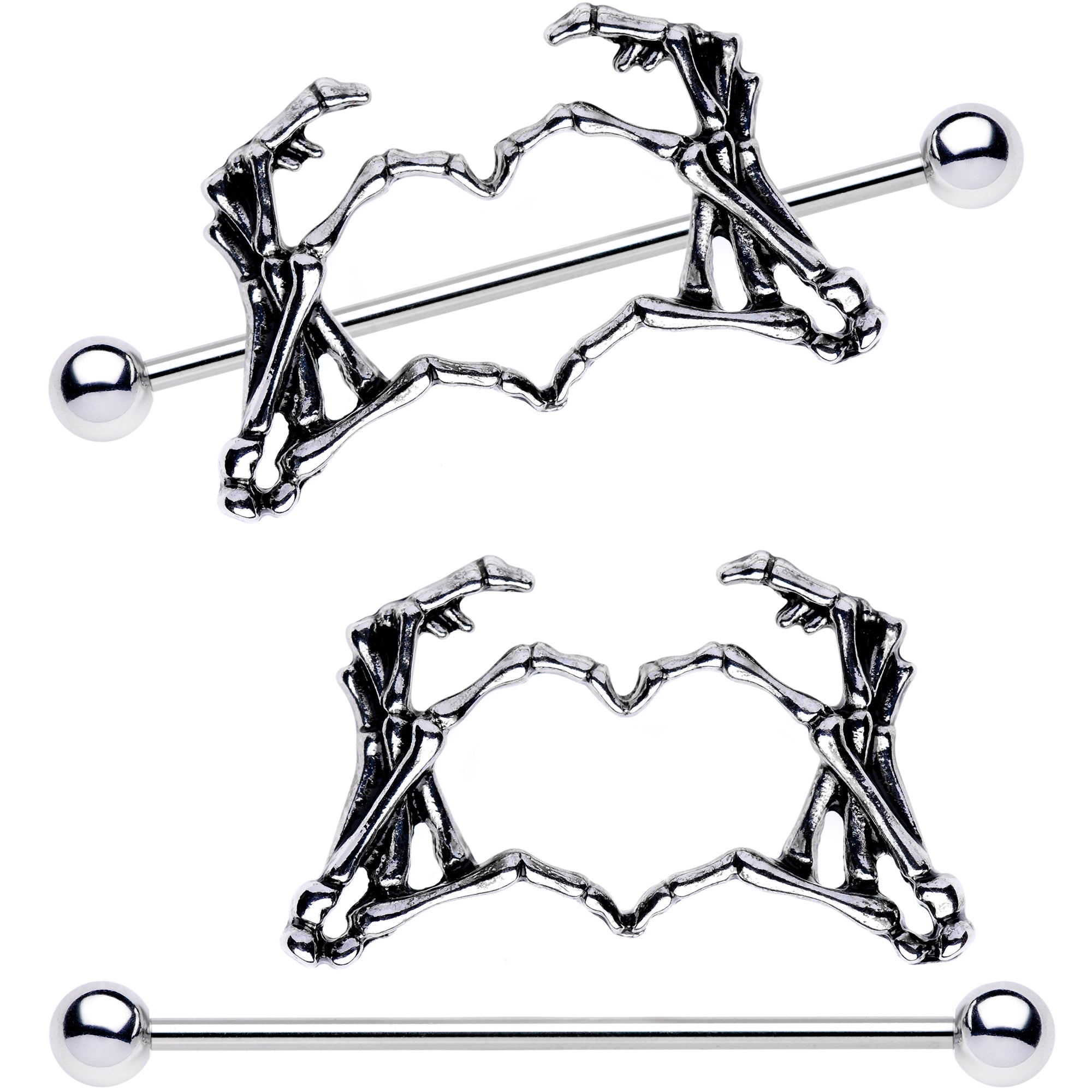 1 1/2 Skeleton Hand Heart Nipple Barbell Shield Set