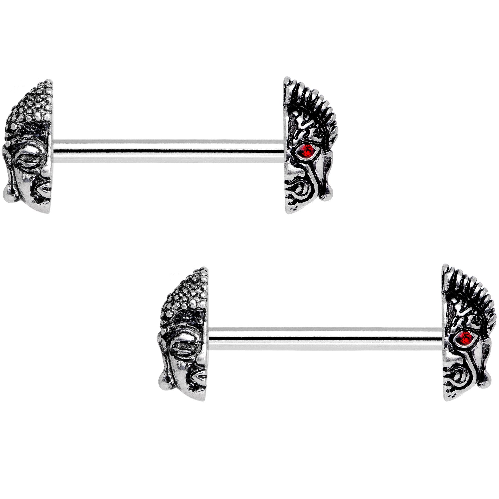 9/16 Red CZ Gem Android Buddha Barbell Nipple Ring Set
